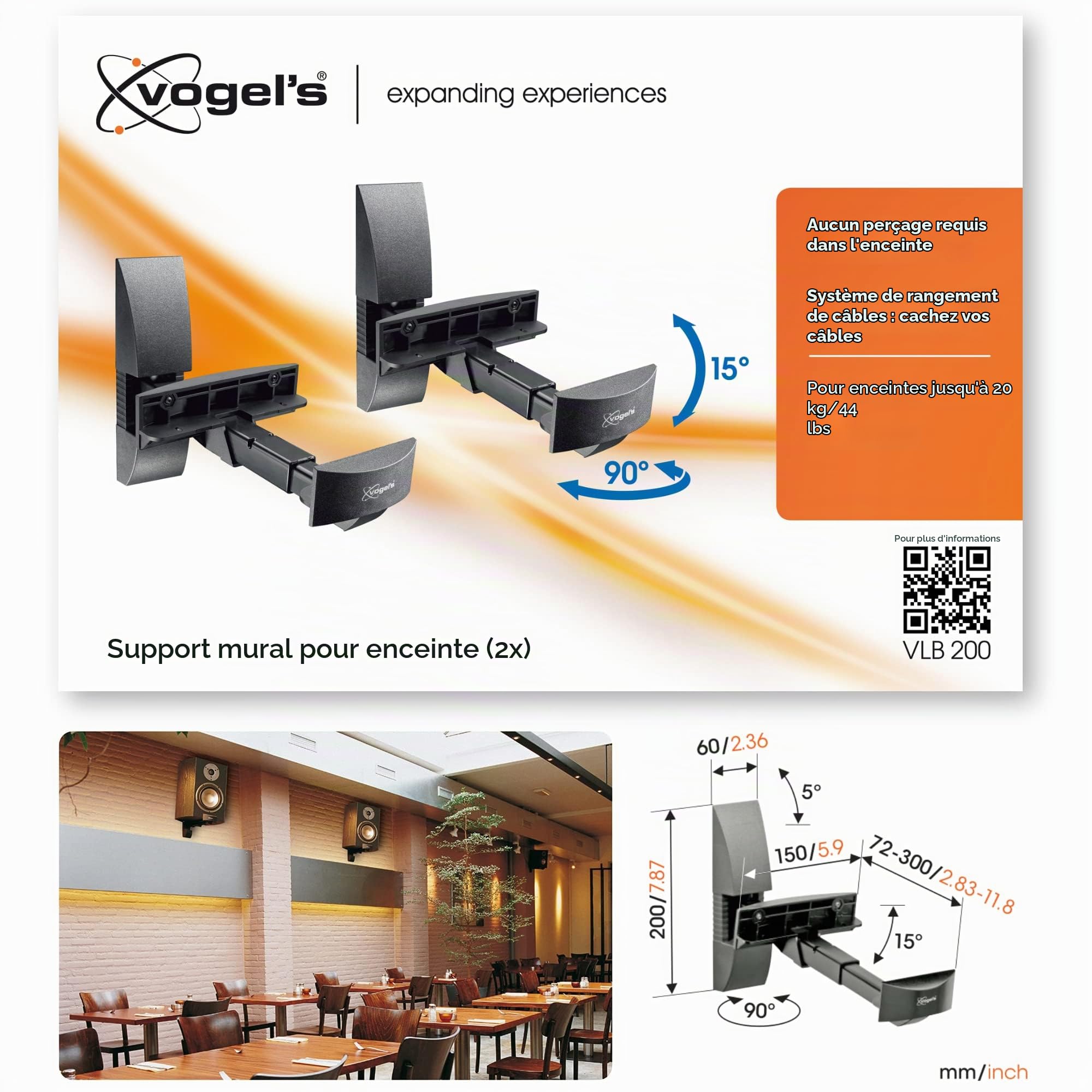 Vogel's VLB 200 Support Mural Universel pour Enceintes (2X) | Orientable jusqu'à 90º | Inclinaison 15º | Poids Max. 20 kg | Noir