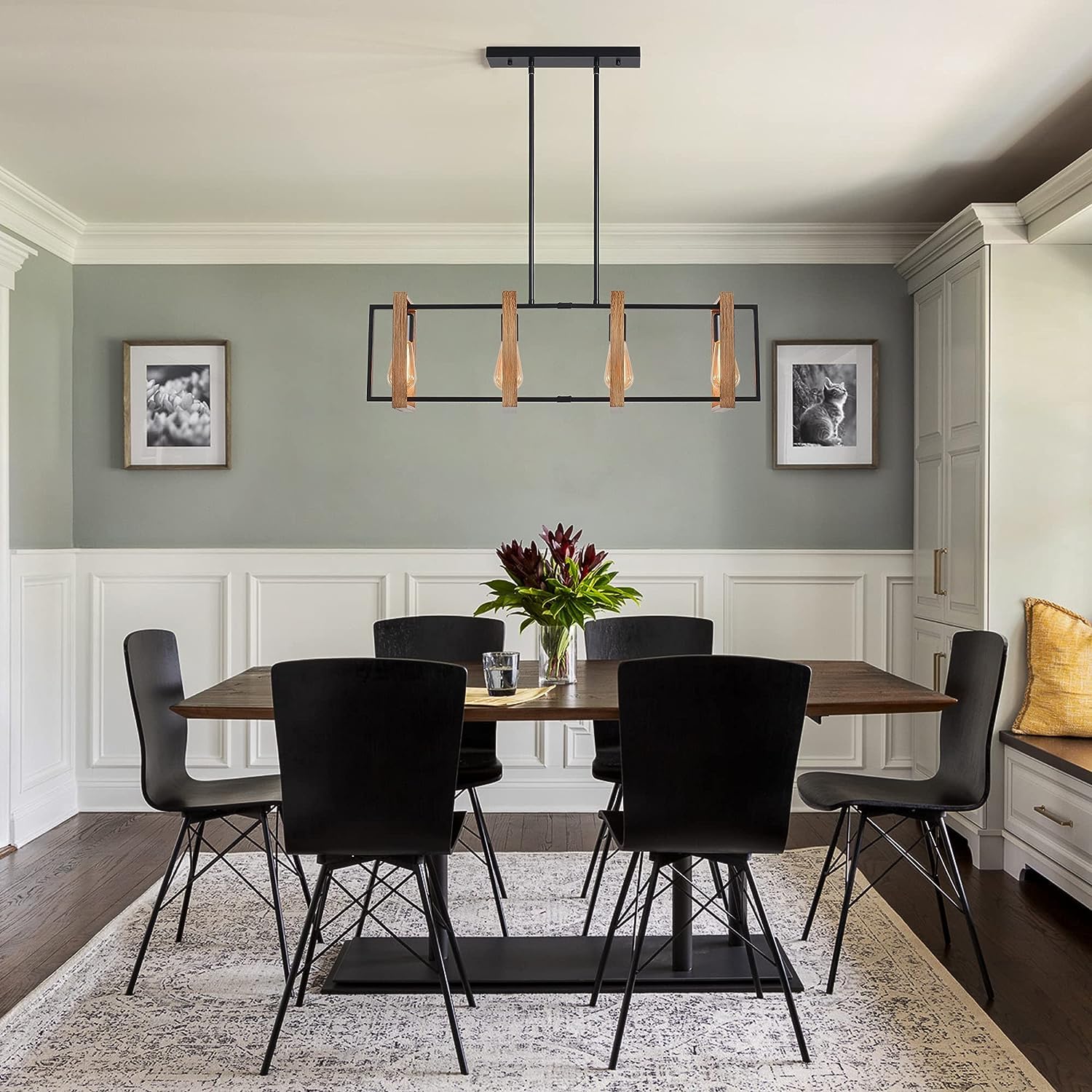 YangRy 4 Light Kitchen Island Linear Pendant Light, Farmhouse Dining Room Light Fixtures Over Rable Rustic Rectangle Chandelier Farmhouse Kitchen Light Fixtures Kitchen Hanging Lights (White Painted)