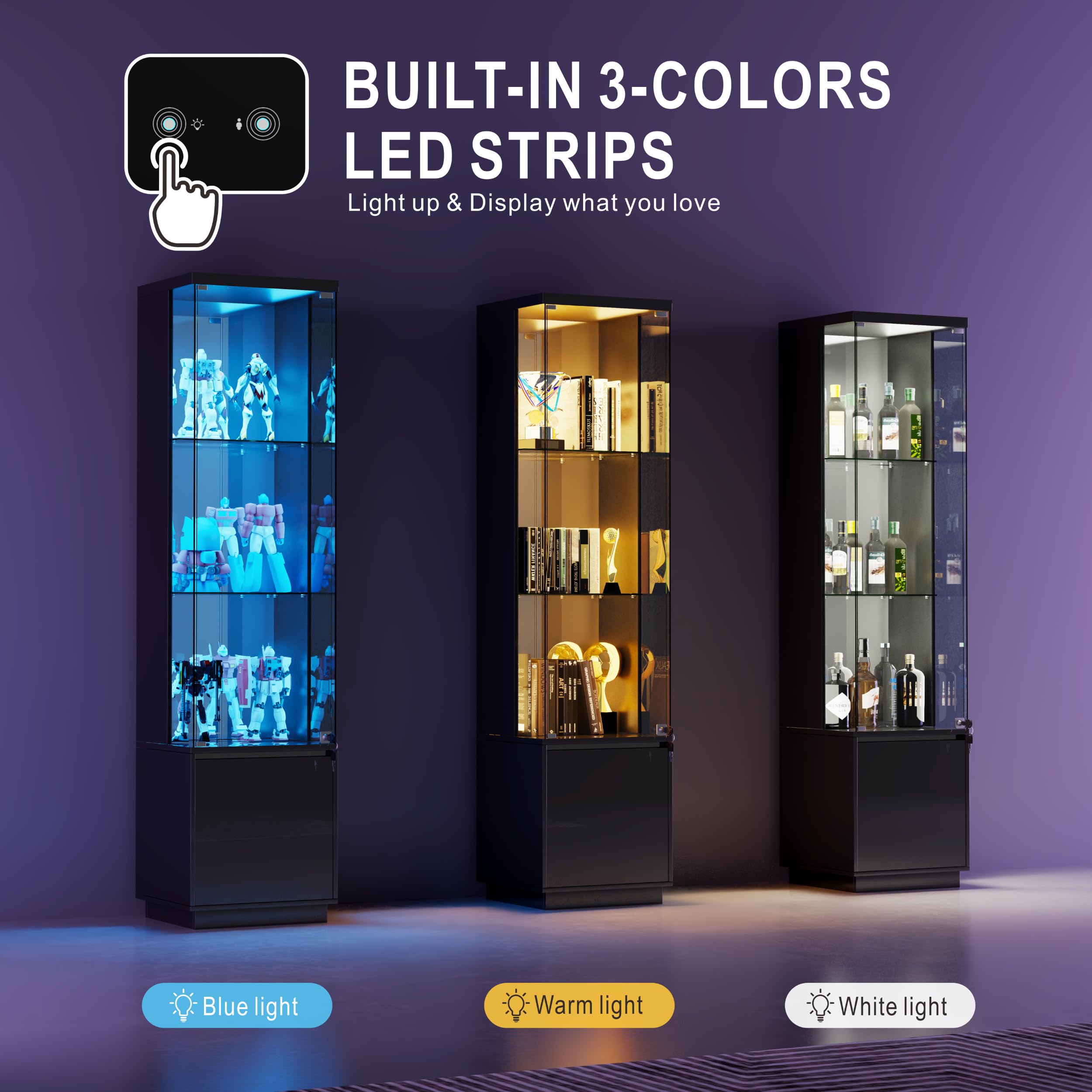 Vitrina Expositora con Iluminación LED - Vitrinas con Puertas de Cristal con Cerradura,Vitrina Cristal con Sensores Inteligentes,3 Estantes para Salón,Dormitorio,Oficina o Estudio,Negro