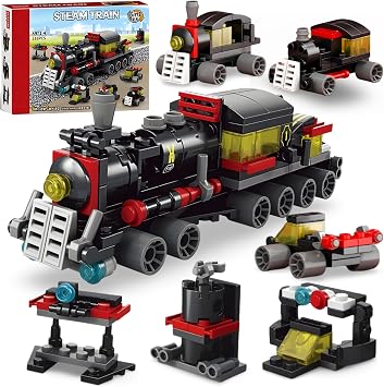 6 in 1 Classic Steam Train Building Blocks Set, 118 PCS Vintage Railway Locomotive Building Toys, Mechanical Rail Vehicle Building Brick Kit, Collectible Educational Birthday Gift for Adults & Teens
