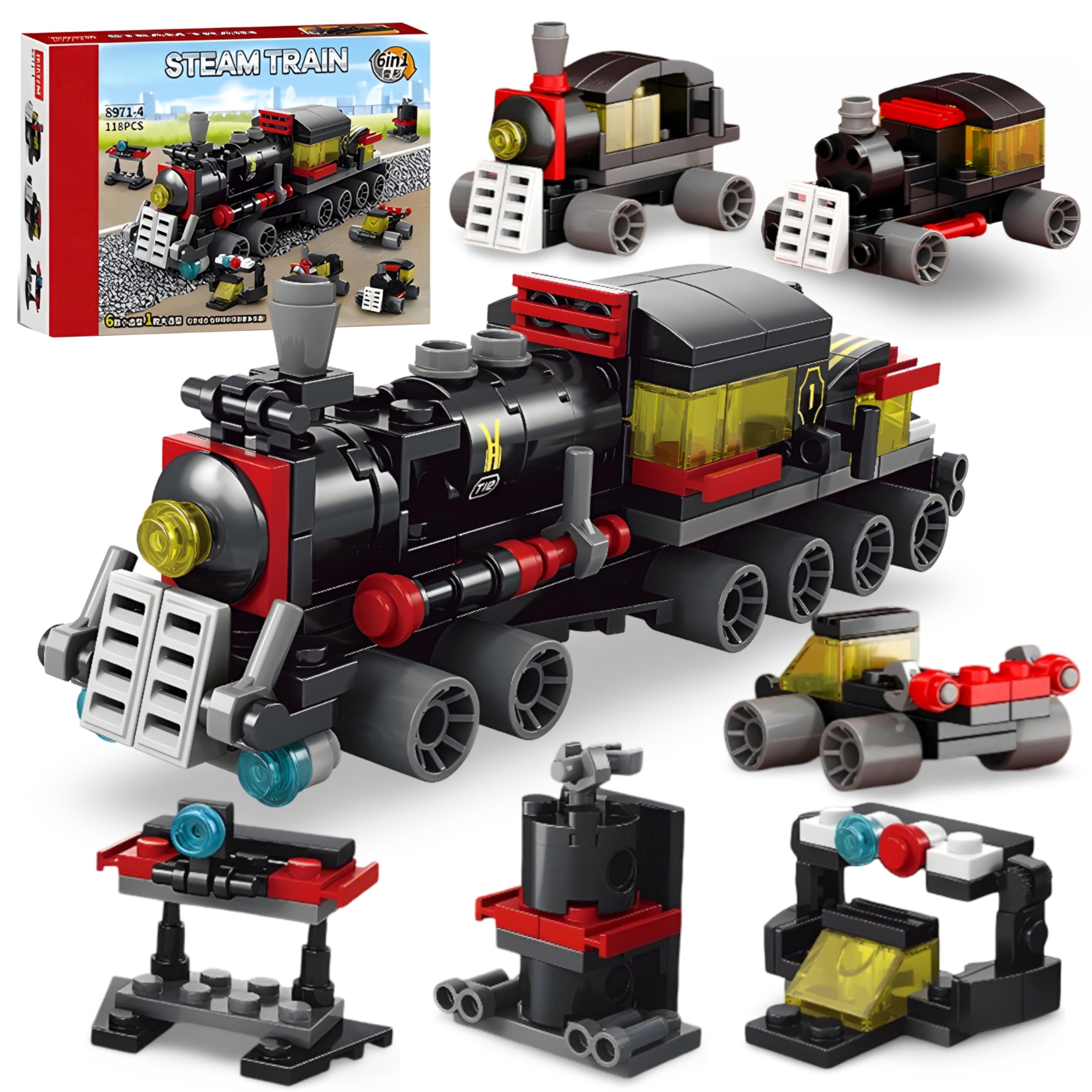 6 in 1 Classic Steam Train Building Blocks Set, 118 PCS Vintage Railway Locomotive Building Toys, Mechanical Rail Vehicle Building Brick Kit, Collectible Educational Birthday Gift for Adults & Teens