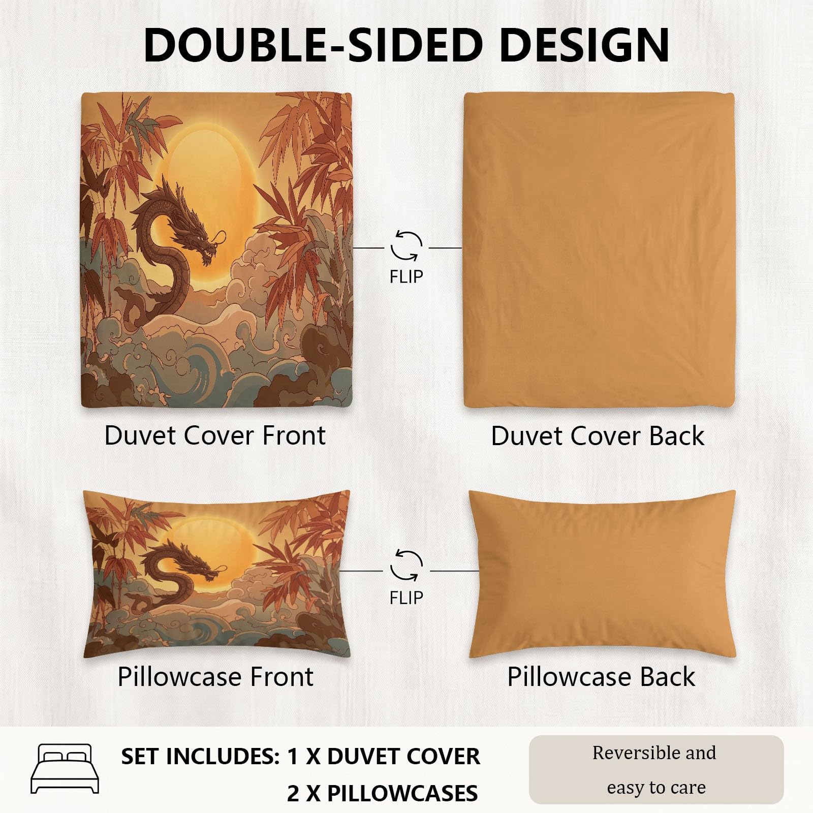 Generisch Bettwäsche Set 3-teilig 200 x 200 cm, Chinesischer Stil Orientalisch Kinderbettwäsche Mikrofaser mit Reißverschluss - Bettbezug Drache Sonne für Jungen Mädchen Hellgelb Bettwaren