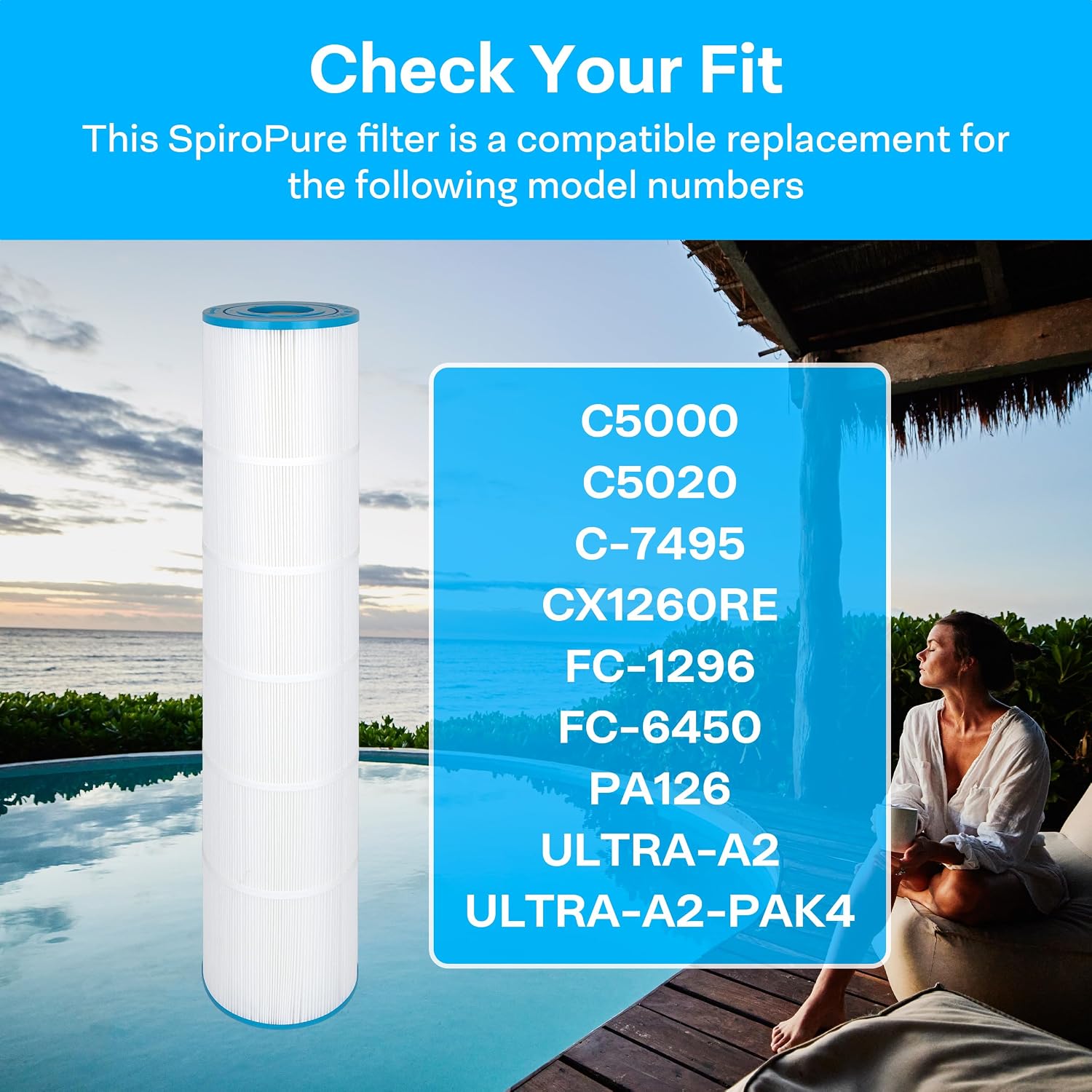 SpiroPure Replacement for Hayward SwimClear C5020 CX1260RE C5000 Pleatco PA126 Ultra-A2 Unicel C-7495 Filbur FC-1296 FC-6450 Hot Tub Spa Pool Cartridge (Pack of 4)