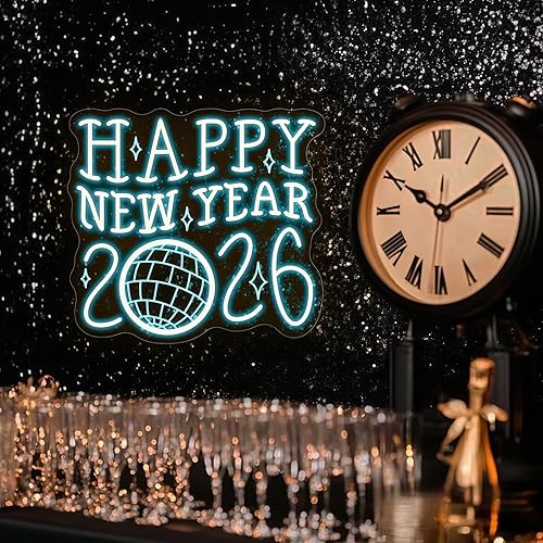 Miniatura 9 de Letrero de neón personalizado con texto en inglés Happy New Year 2026, bola de discoteca LED, decoración de pared para fiestas retro de Año Nuevo,