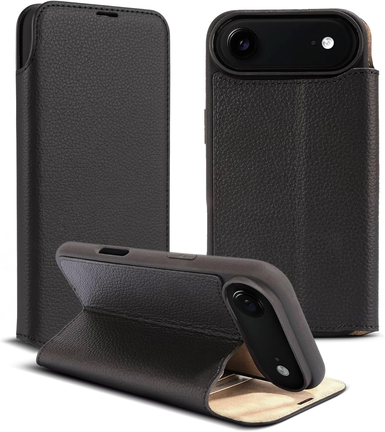 for iPhone 17 Air (6.5") Genuine Pebbled Leather Book Case with Card Holder and Stand - Magnetic Flip Cover, Black