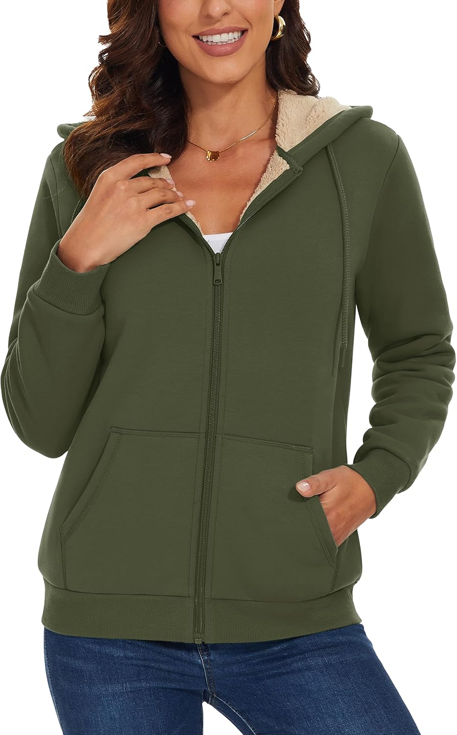 MAGCOMSEN Womens Zip Up Hoodies Sherpa Lined Fleece Thermal Jacket Full Zip Winter Warm Casual Thick Coats Pockets - Image 2