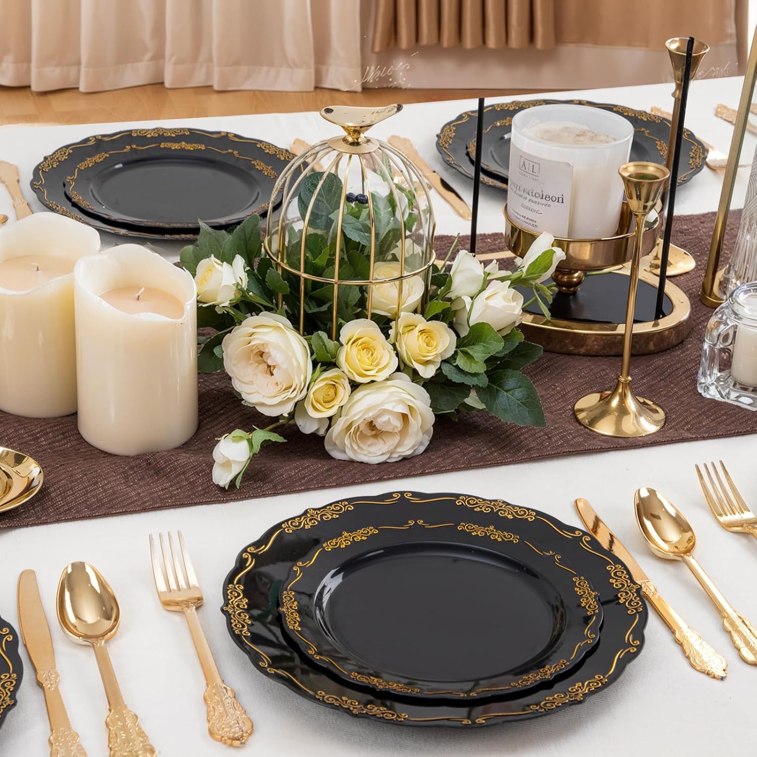 DaYammi 60PCS Black and Gold Plastic Plates, Heavy Duty Black and Gold Disposable Plates Premium 7.5 inch Dessert Cake Salad Appetizer Plate Hard Plastic Plate Disposable for Party Wedding