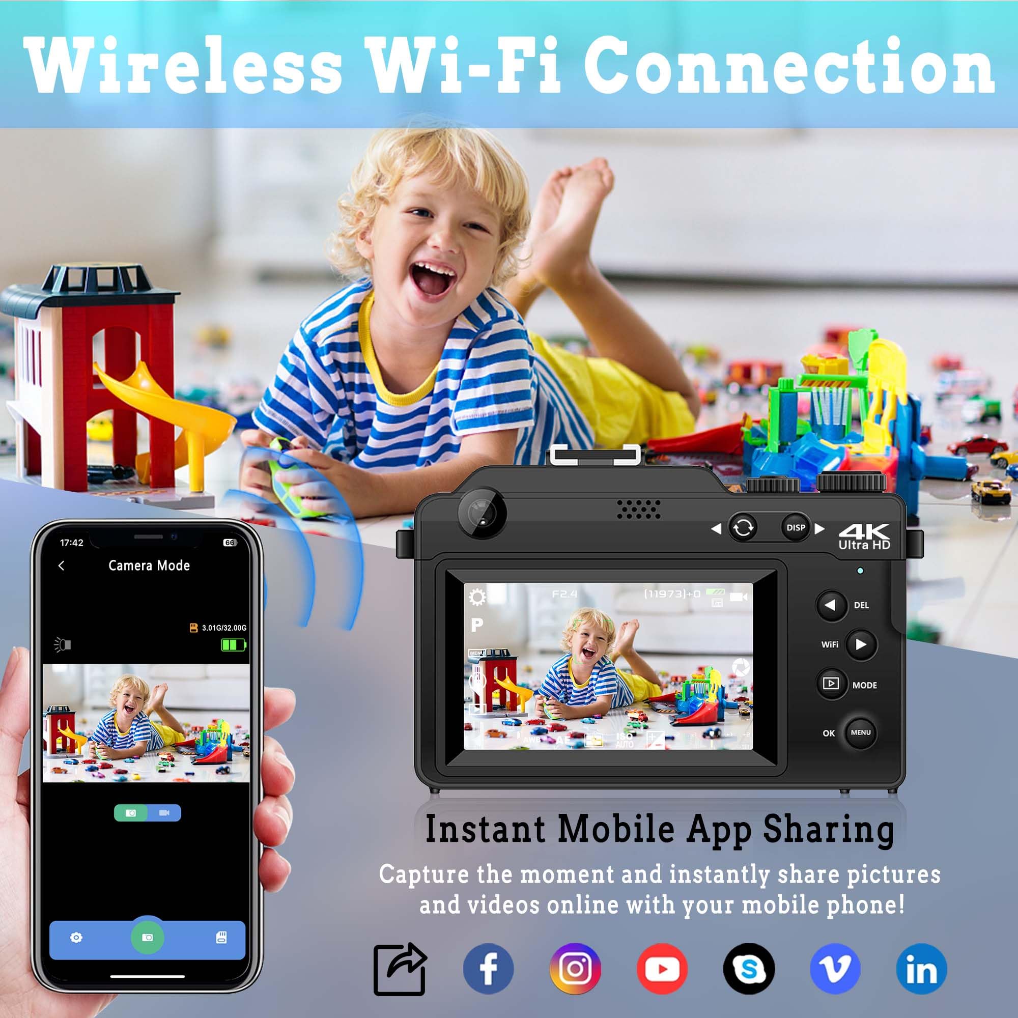 Fotocamera digitale 4K con due lenti: fotocamera da 48 MP, zoom 18x, fotocamera compatta da 3 pollici, fotocamera portatile con scheda da 32 GB, per adolescenti, principianti, bambini, colore nero