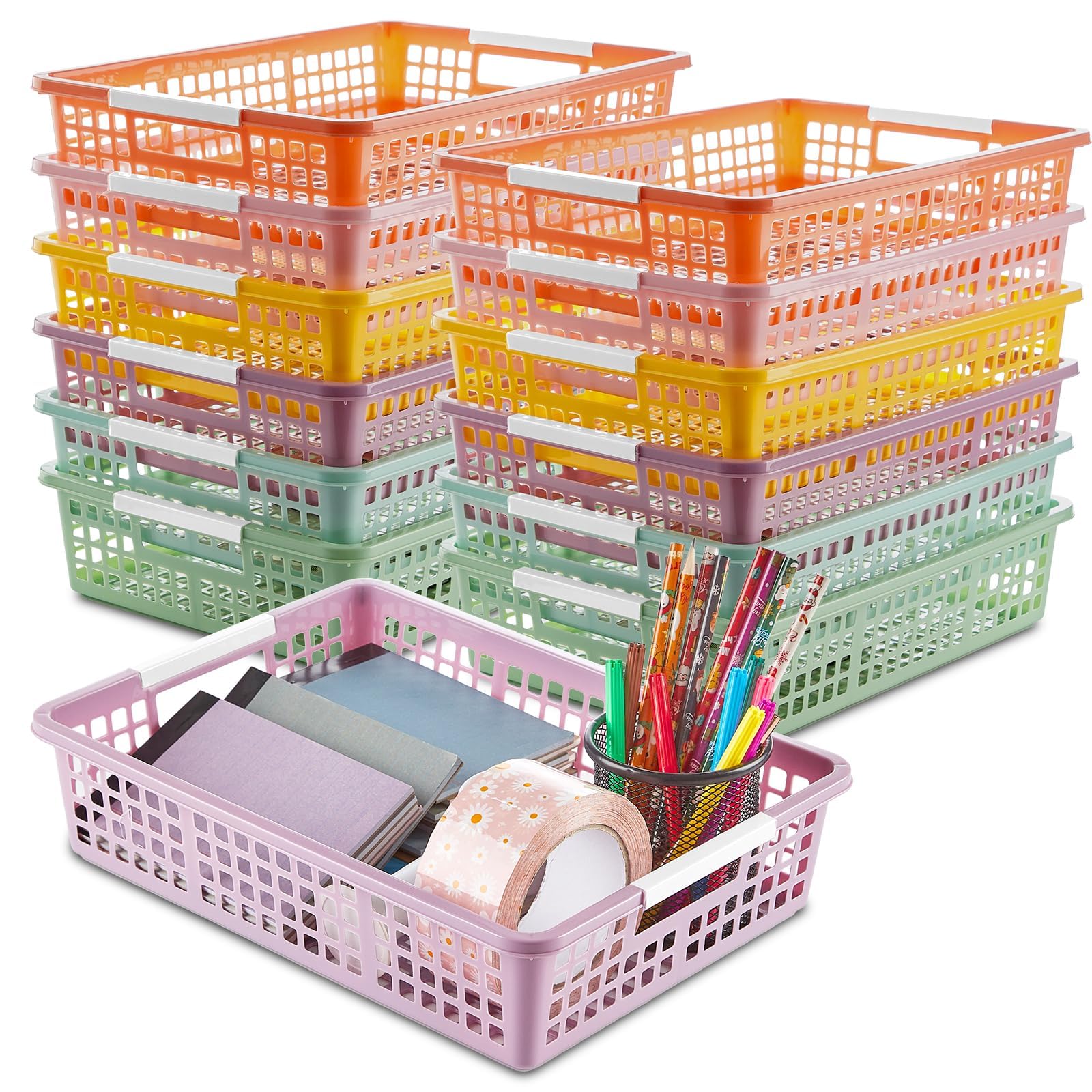gisgfim 12 Pack Plastic Turn in Paper Trays for Classroom Storage Bin Basket Organizers for School Teacher Supplies Classroom Office Home Organization and Storage Tray Holds 4A Paper File (Pastel)