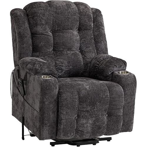 Large Lift Recliner Chair for Elderly with Massage and Heat Lay Flat Dual Motor Electric Power Lift Chair Cup Holders Side Pocket Plush Chenille Fabric (Grey)