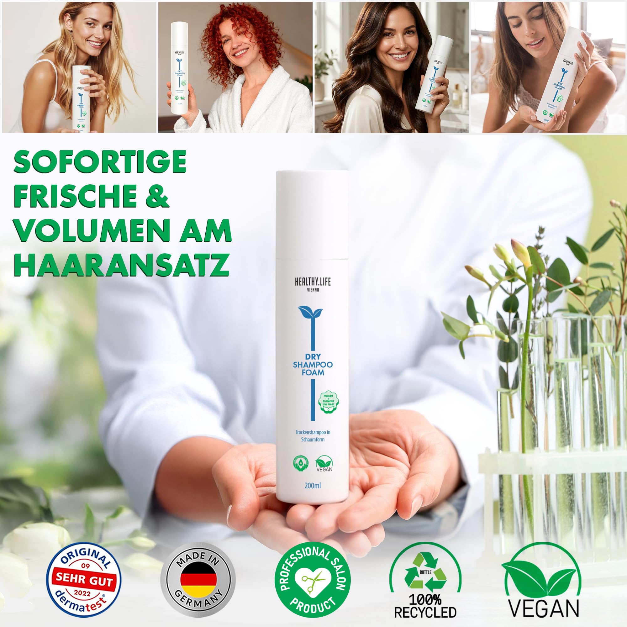 HLV - Dry Foam Shampoo | Frisches Haar & Volumen | Entfettet die Haare | VEGAN, Schnelle Haarpflege, Trockenshampoo Schaum | Ohne Sulfate & Silikone | Geeignet für Alle Haartypen & Haarfarben, 200 ml