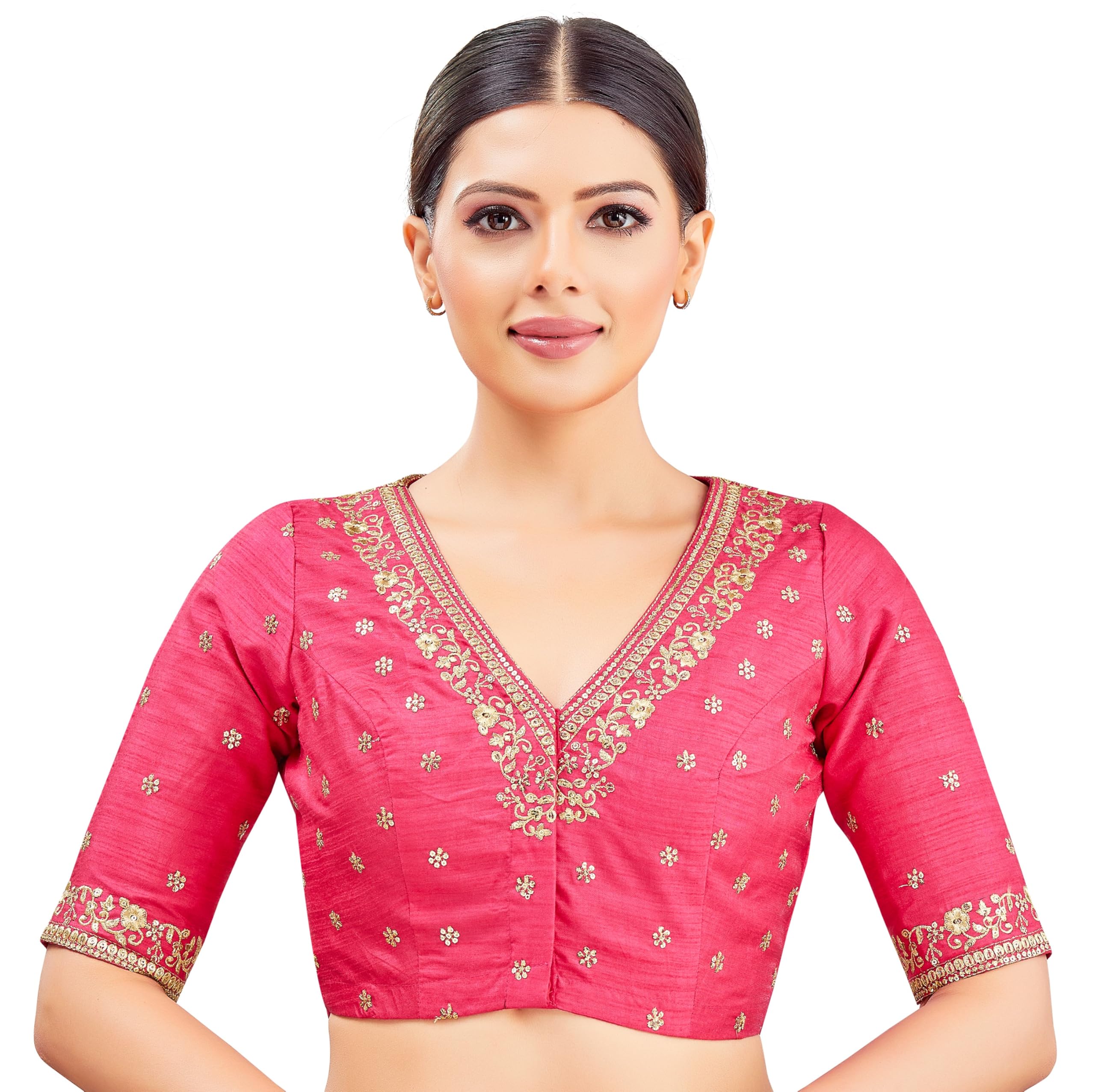 Studio Shringaar Women's Cotton Elbow Length Sleeves Embroidered Wedding Saree Blouse