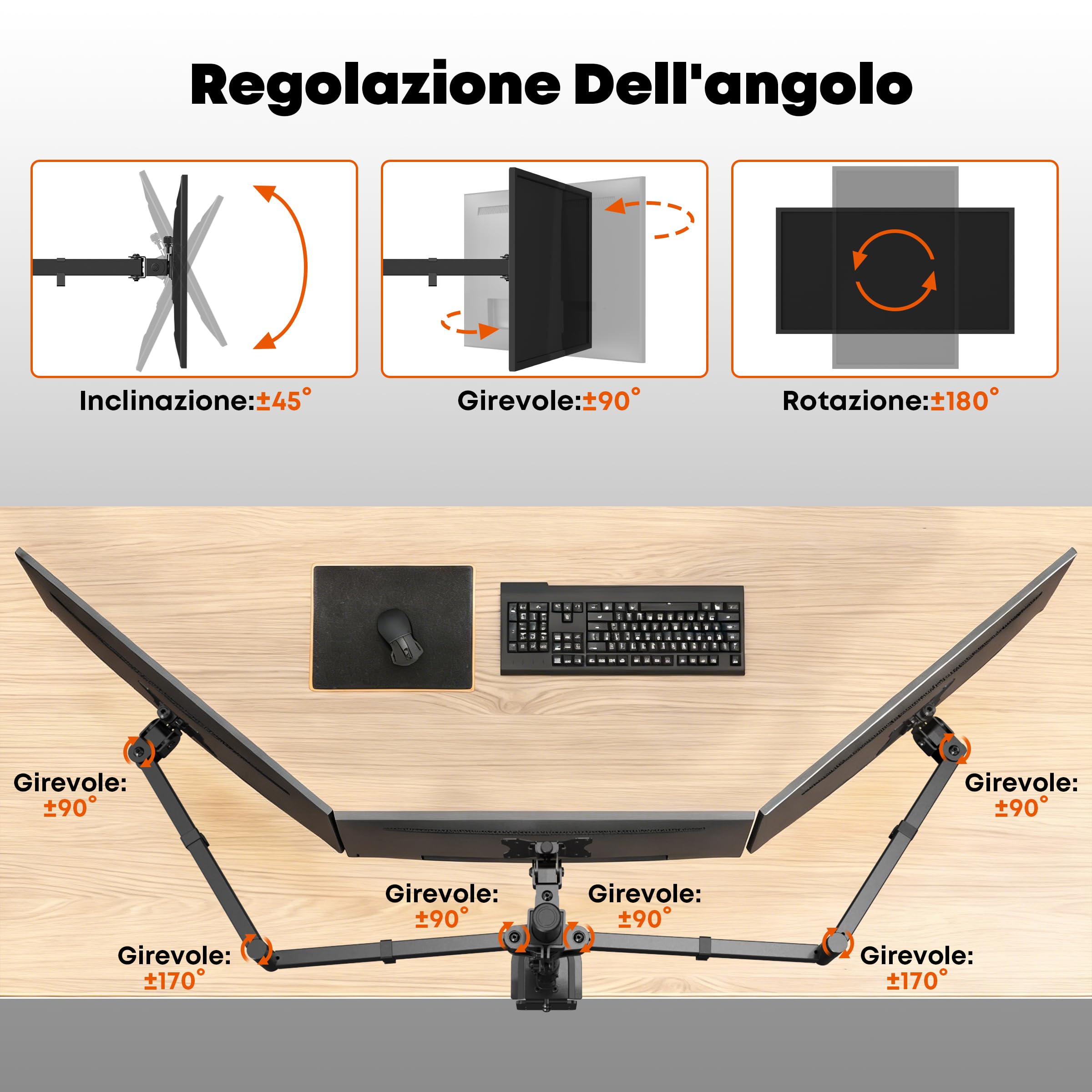 Braccio per Monitor Triplo per 3 Schermi 27" - Supporto a Clamp da Tavolo, Carico 10kg per Braccio, VESA 75/100, Regolabile in Altezza/Inclinazione/Orientamento - Home Office & Gaming