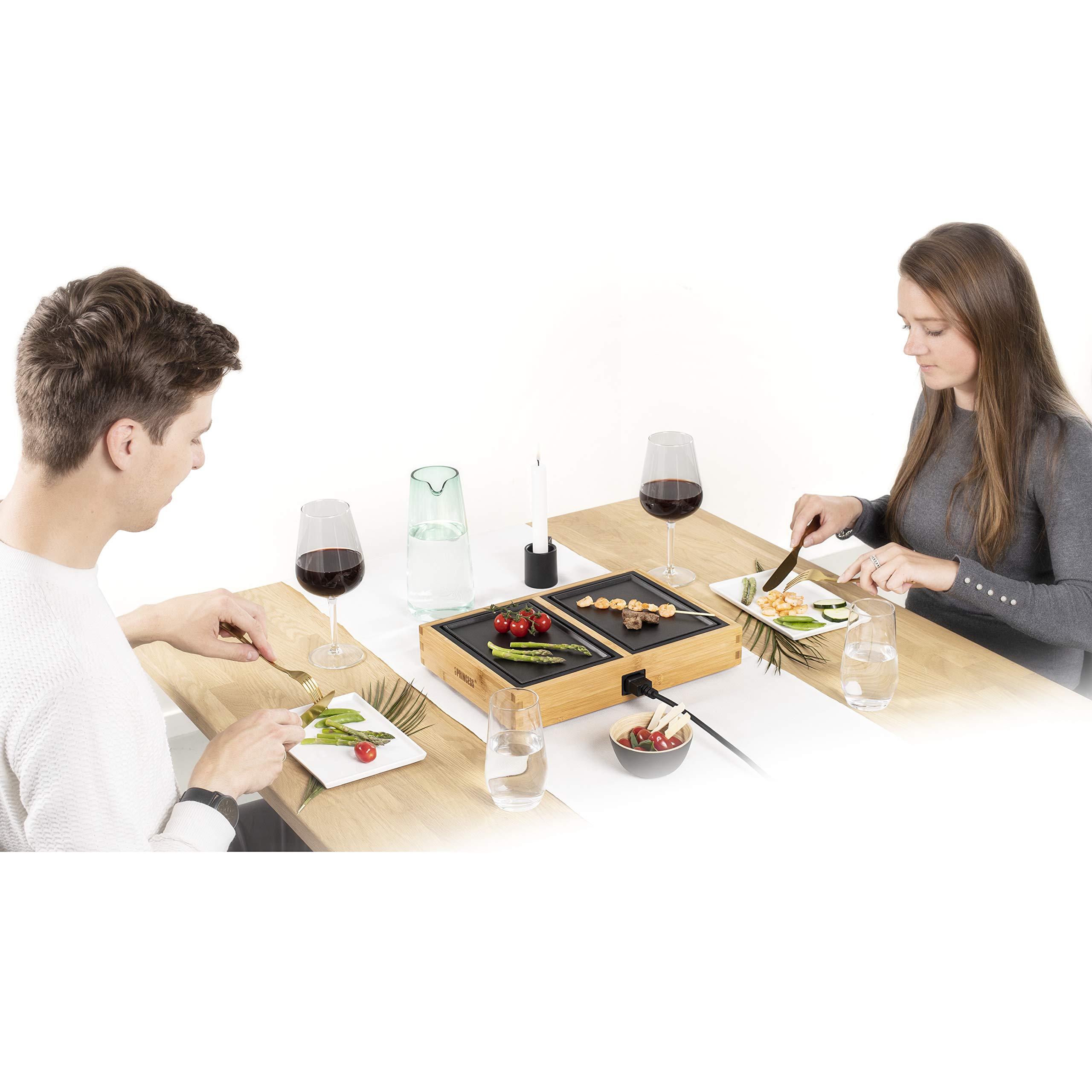 Princess 104020 Dinner4two Pure, Adecuada para 2 Personas, Nueva forma de cocinar a la plancha, 420 W, Bambú
