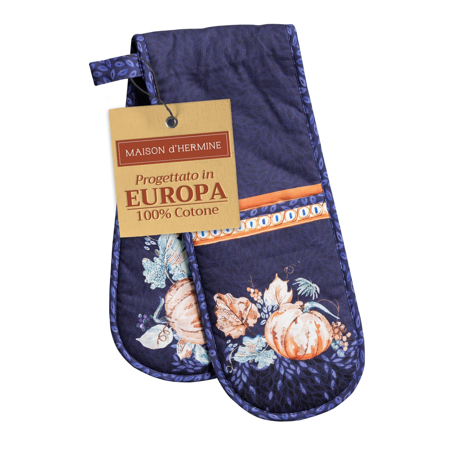 Maison D' Hermine 16 - Pumpkin Blues Double Oven Mitt (18 Cm X 89 Cm) 100% Cotton Heat Resistant Bbq Cooking Gloves With Loop For Christmas Decorations Baking Cooking Barbeque Handling Hot Pan (Pumpkin Blues)