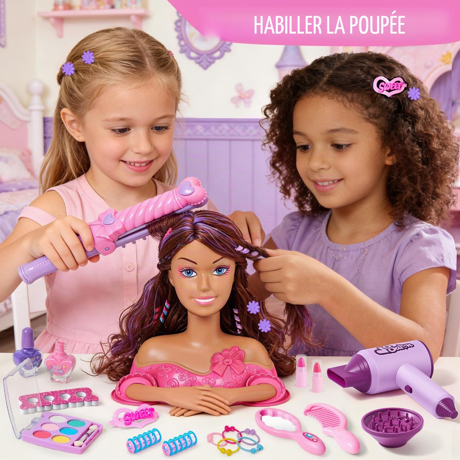 Tete a Coiffer Enfant avec Ensemble Accessoires Coiffure, Poupée de Maquiller avec Sèche-Cheveux Maquillage Autocollants pour Ongles, Salon de Coiffure Jouet Cadeaux pour Fille 3 4 5 6 Ans