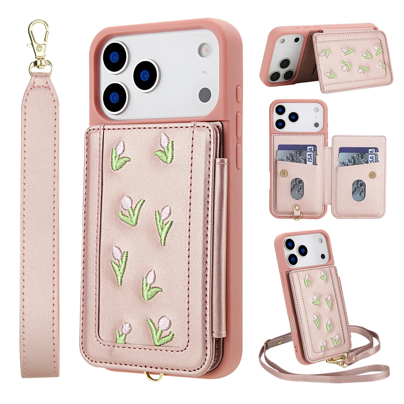 Generic - Funda para iPhone 16, color oro rosa, con correa para el hombro, funda trasera de silicona