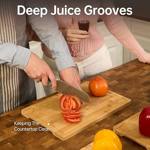 Miniatura 4 de Tablas de cortar de bambú para cocina, tabla de cortar de madera con soporte, juego de tablas de cortar de bambú reversible con ranuras para jugo