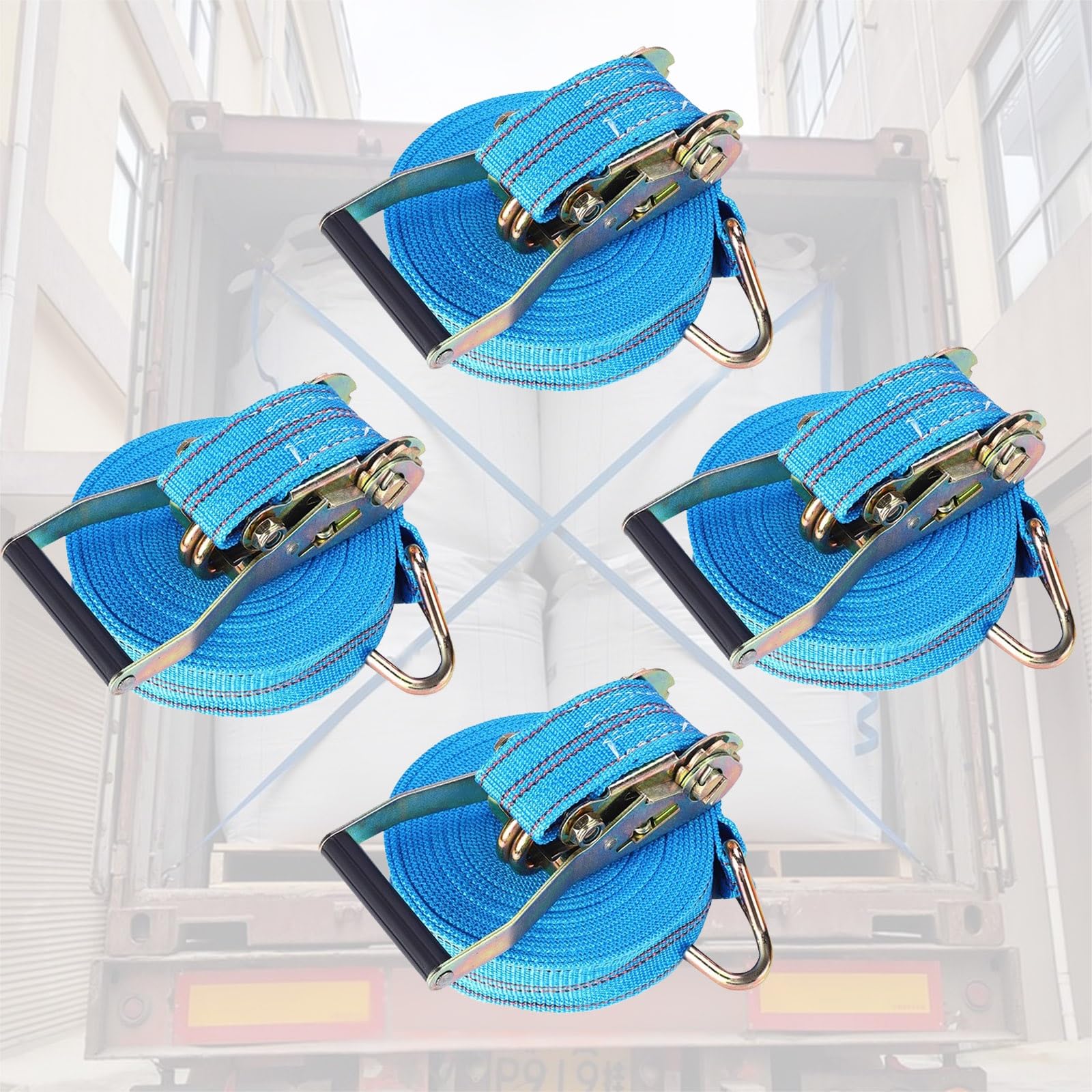 Correa de trinquete azul para carraca de carga, amarre de 2 pulgadas de ancho para logística y transporte/mudanza/caja de furgoneta de fijación de balas de heno (4 piezas, L- 10 m)