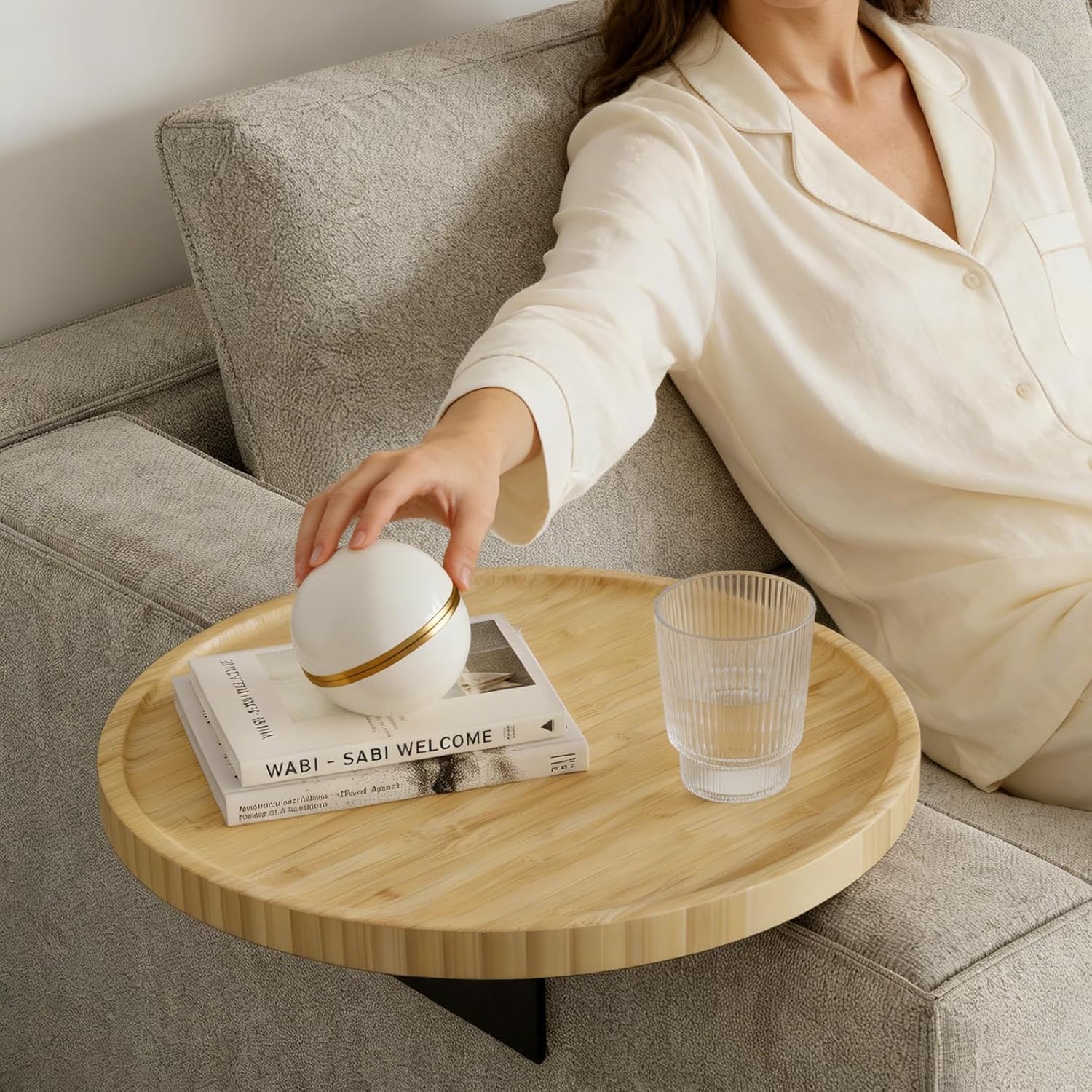Bamboo Couch Arm Tray,12'' Space Adjustable Sofa Arm Table,Round Chair Arm Table Sofa Armrest Tray for Thin & Wide Couches Arm,Snack Armchair Couch Caddy