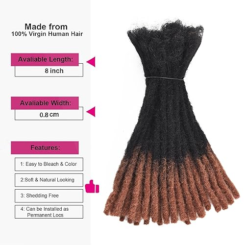 Miniatura 8 de Extensiones de rastas 100% cabello humano de 8 pulgadas, 30 hebras, naturales, hechas a mano, ligeras, suaves, decolorables (negro a marrón, T1B30)