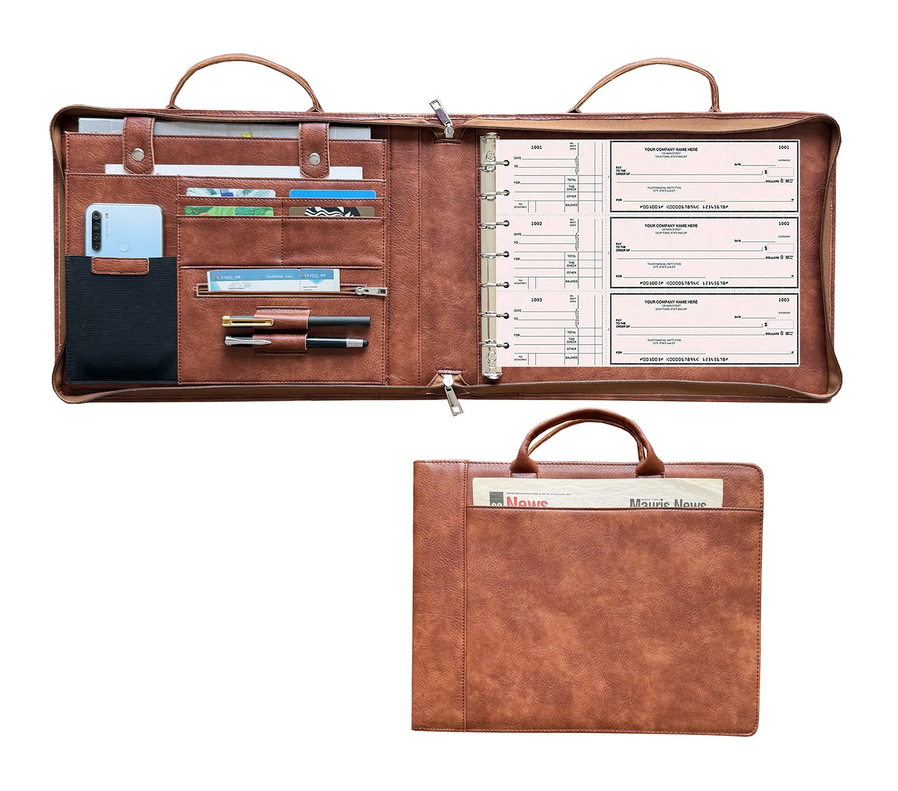 Carpeta de 7 anillas de cuero vegano para cuadros de tamaño comercial de 3 en adelante, con asa y maletín con cremallera con capacidad para 500 cheques, hojas de 9 x 13 pulgadas (marrón retro