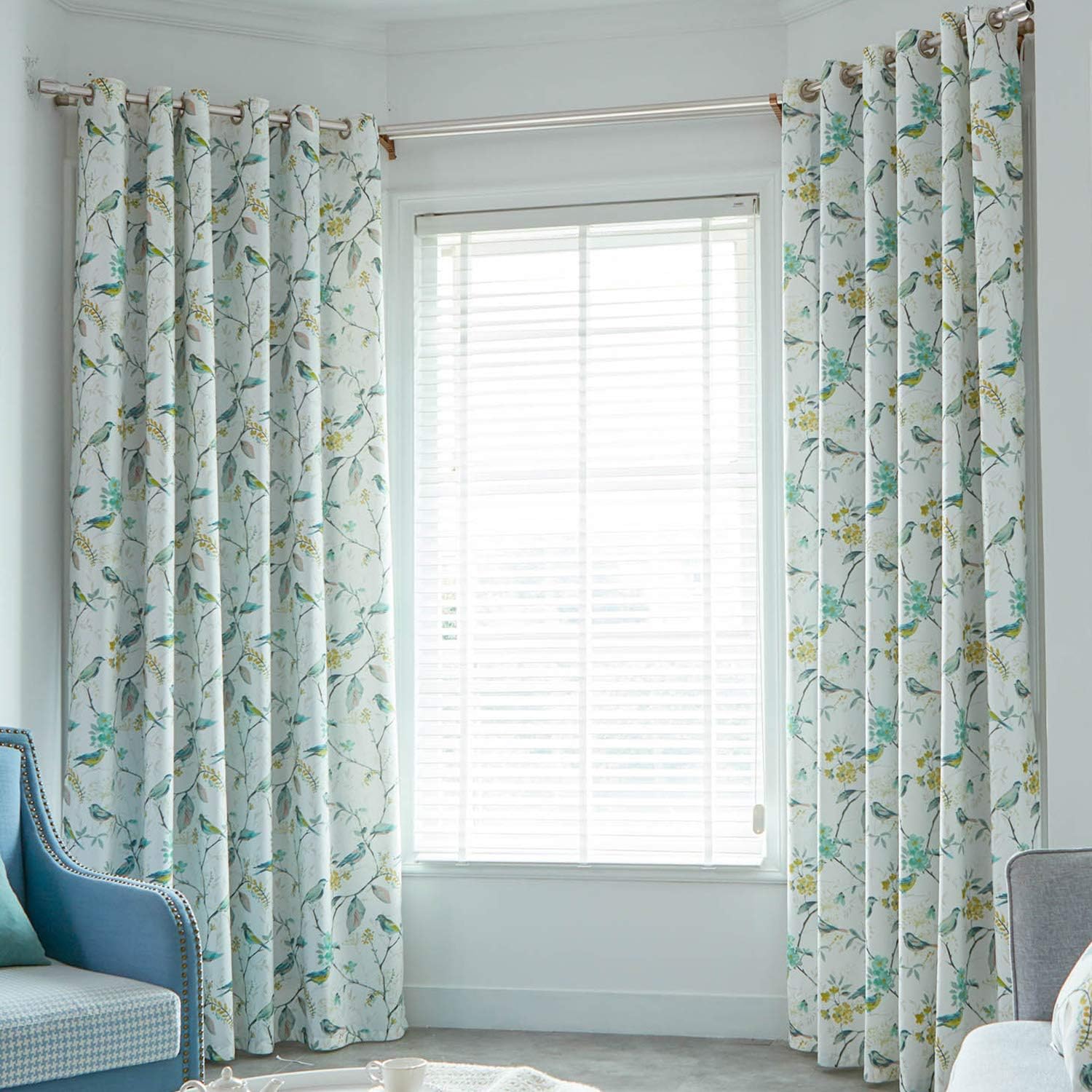 VOGOL Birds and Floral Printed Grommet Curtains Retro Style Room Darkening Window Drapes for Living Room Bedroom, 52x84, Green, 1 Panel