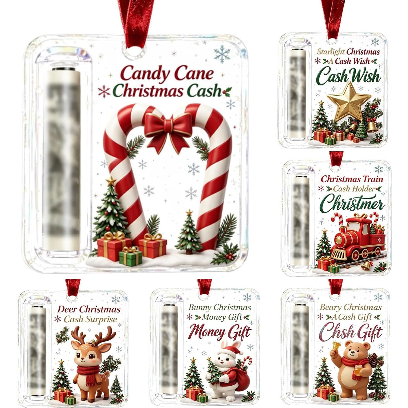 6Pcs Christmas Cash Gift Holder Ornament, Funny Hanging Xmas Tree Decor
