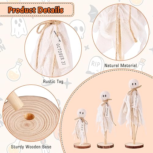 Miniatura 3 de Decoraciones de Halloween para interiores  Juego de 3 fantasmas primitivos de Halloween en soporte de madera para centros de mesa, estantes y