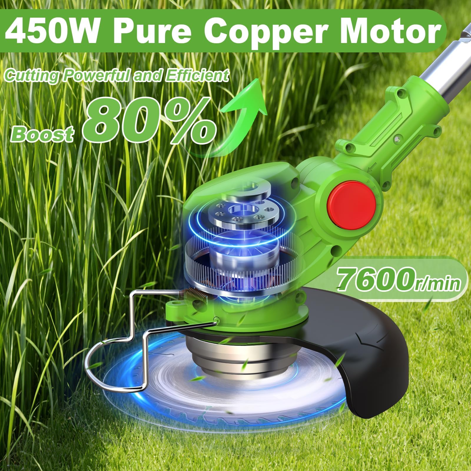 Rasentrimmer mit Akku, 5 In 1 Akku Rasentrimmer für Makita Akkus mit 5 Klingentypen, 21V Freischneider Akku, Teleskopierbar, 90° Drehung für Garden Trimmen,Grün