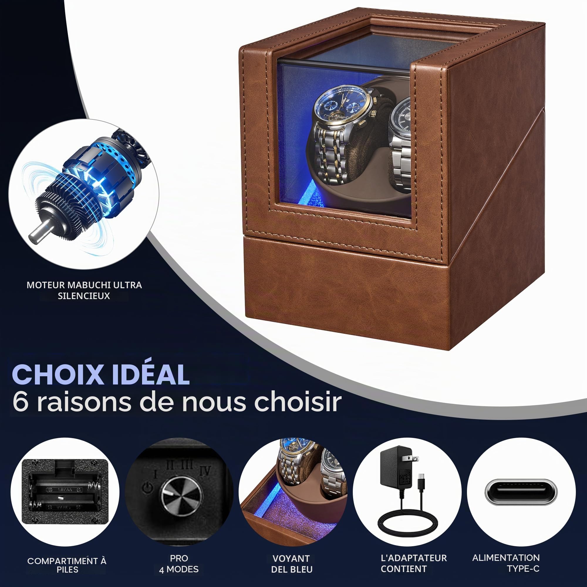 BEWISHOME Remontoir Montre Automatique, Double Remontoir avec éclairage LED 4 Modes, boîte Montre Automatique avec Moteur Japonais Silencieux, Adaptateur de Type C ou Alimentation par Piles, ESYQ02Z