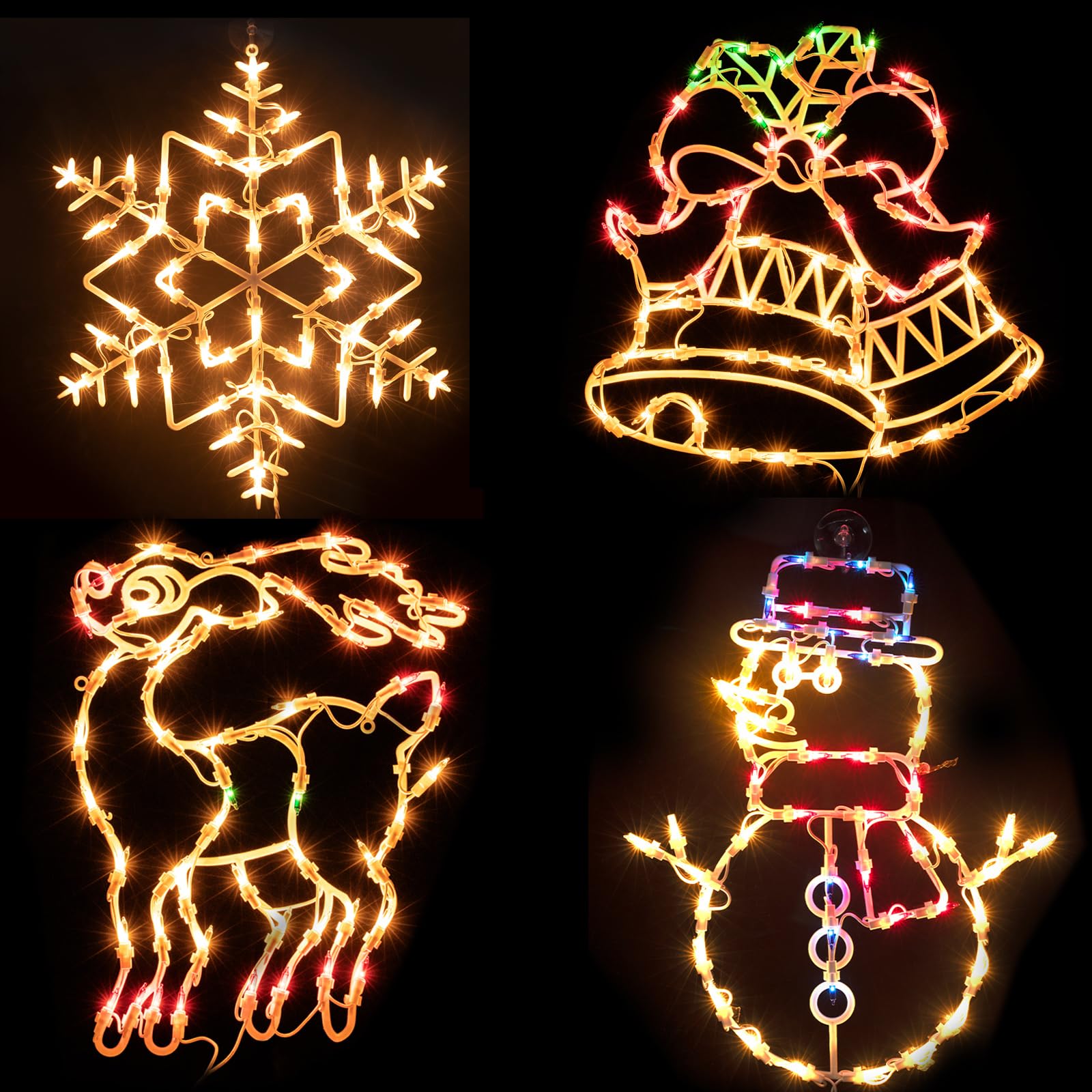 Christmas Window Silhouette Lights Decorations, Pack of 4 Sign Lighted Snowflake, Snow Man, Bell, and Deer for Holiday Indoor Wall Door Glass Decor