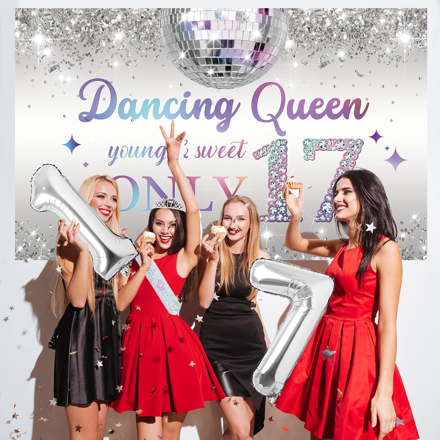 Trgowaul 17th Birthday Dancing Queen Party Decorations, Silver 17 Year Old Dancing Queen Banner, Tablecloth, 17 Sash and Crown, Cake Topper, Sweet 17th Birthday Party Supplies for Girls - Image 7
