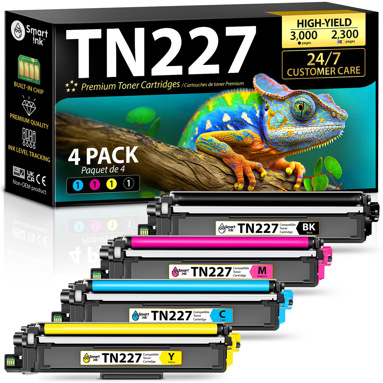 Smart Ink Compatible TN227 High Yield Toner Cartridge 4 Pack ( BK/C/M/Y ) Replacement for Brother TN-227 TN-223 TN223bk TN227bk to use with MFC-L3770CDW HL-L3290CDW HL-L3270CDW MFC-L3710CW HL-L3210CW
