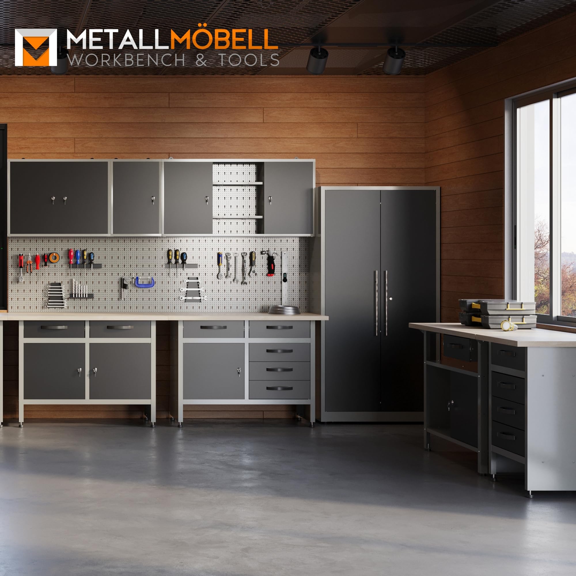 METALLMOBELL - Pannello Porta Attrezzi da Parete 160x60x2cm, 4 Pannelli Forati, Ganci e Staffe, Parete Attrezzata, Pannelli da Parete per Attrezzi da Lavoro, Pannello Forato Portautensili HPTH01G