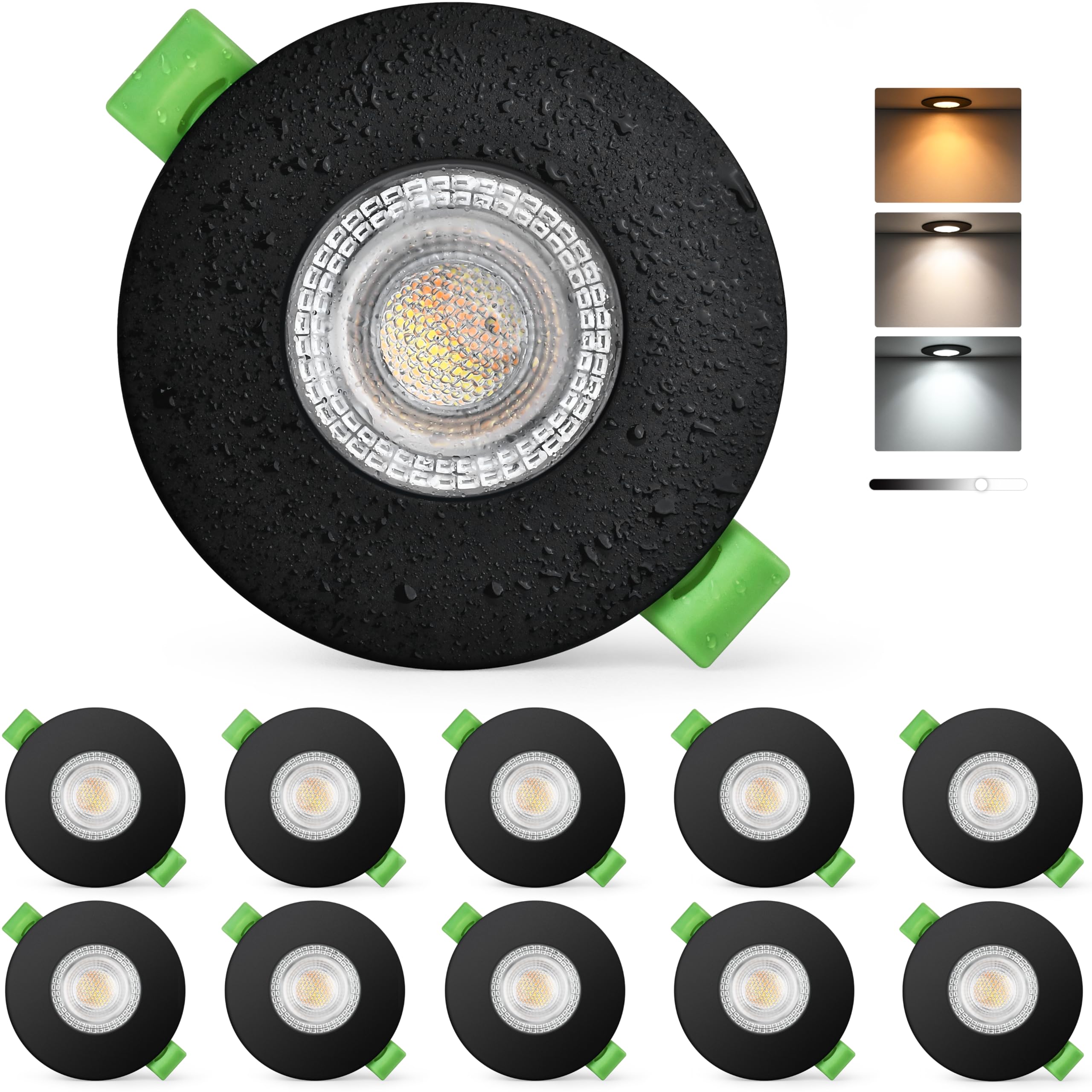 KYOTECH LED Einbaustrahler 230V Dimmbar 3CCT IP65 Deckenspots 60-75mm | 7W 770LM LED Einbauleuchten 2700K/4000K/6000K Spot Ultra Flach für Badezimmer Balkon Wohnzimmer 10er Schwarz