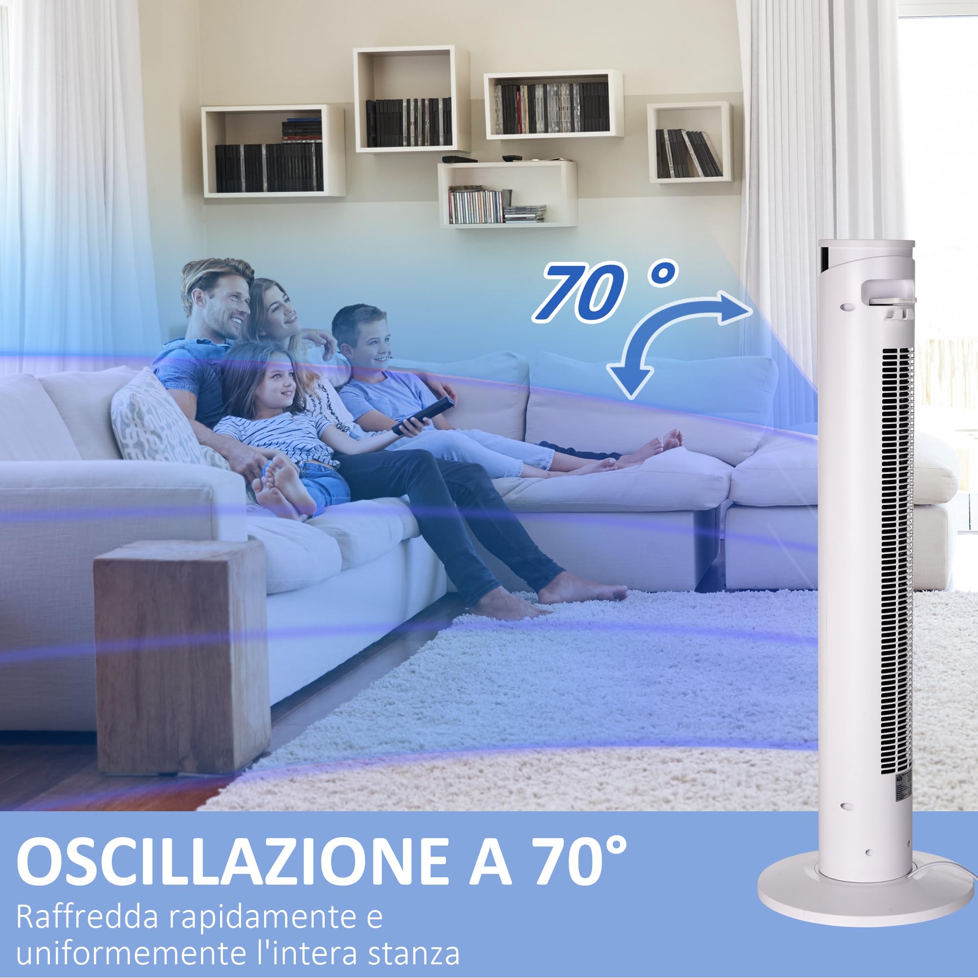 HOMCOM Ventilatore a Torre 45W a 3 Modalità e 3 Velocità con Timer da 12h, Ventilatore da Terra in ABS e Alluminio con Telecomando, Ø31.5x93 cm, Bianco