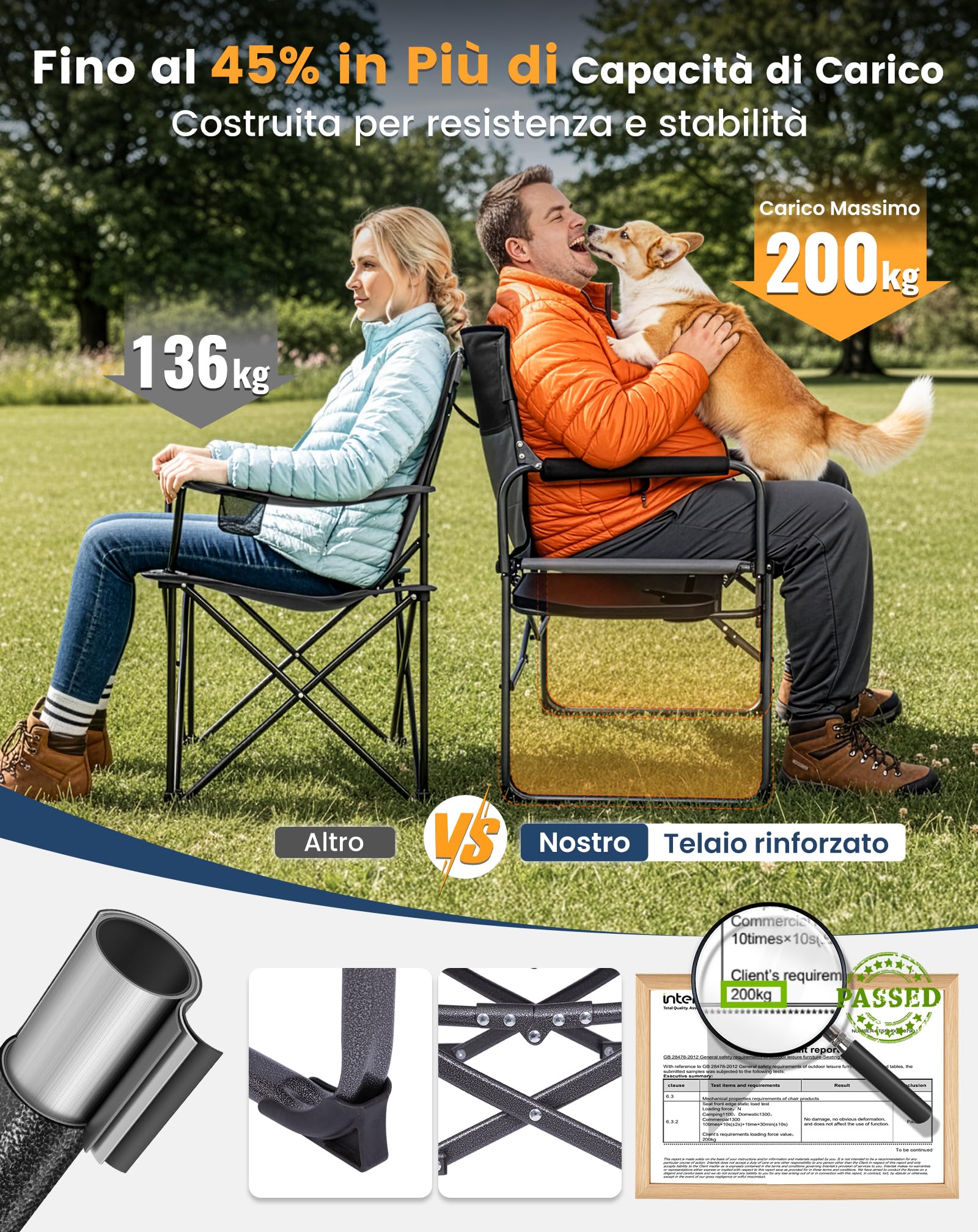 KingCamp Compatta Sedia da Regista Camping Pieghevole, Fino al 200 kg | Sedia da Campeggio Imbottita, Tavolino Laterale, Pacchetto Piccolo, Sedie da Pesca Portatile per Campeggio Spiaggia Giardino