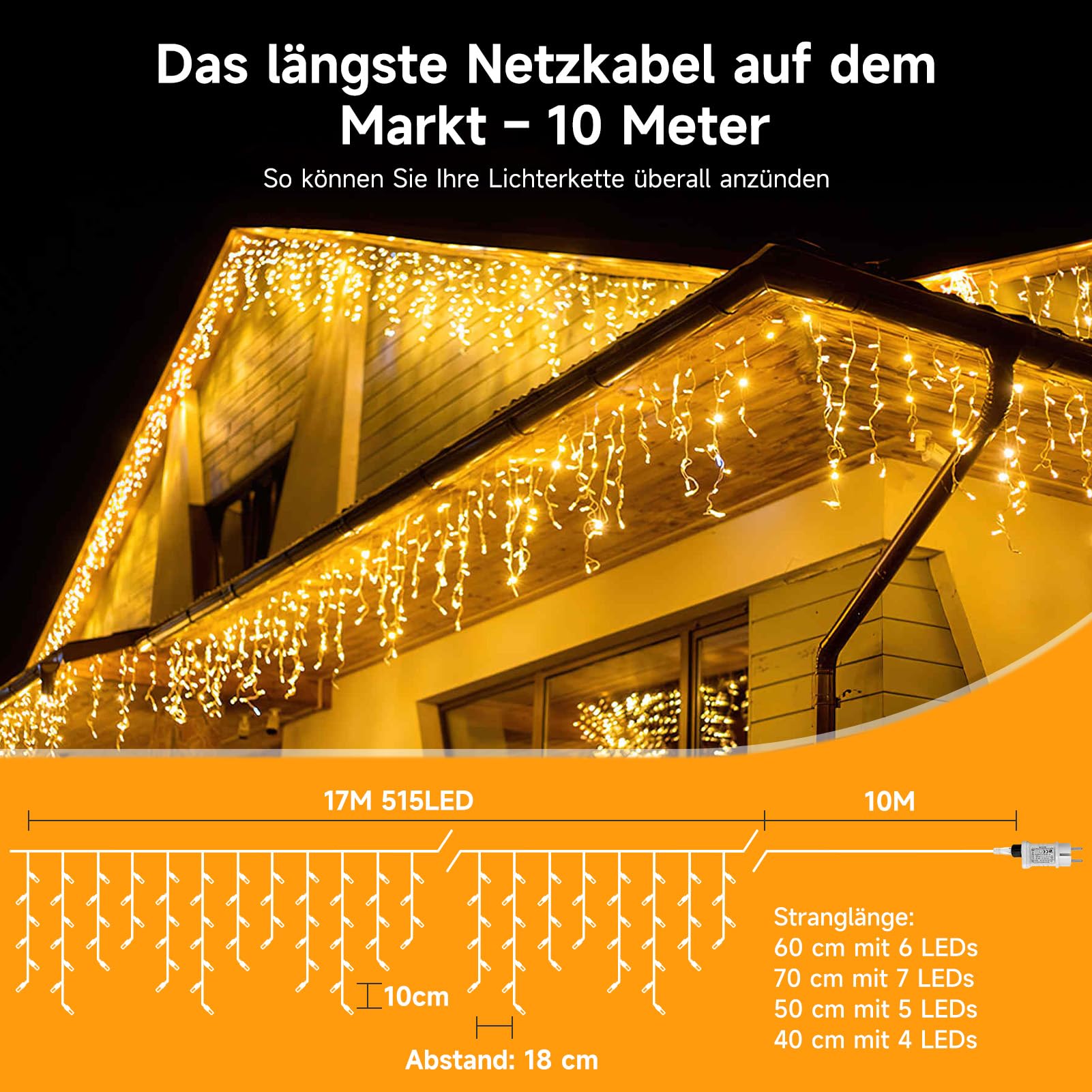 WOWDSGN [515 LED Guirnalda Luminosa de Navidad, 17 Metros | Con Temporizador | 8 Modos | Impermeabilización IP44 | Adecuado para uso en Interiores y Exteriores, Bajo los Aleros y en Terrazas