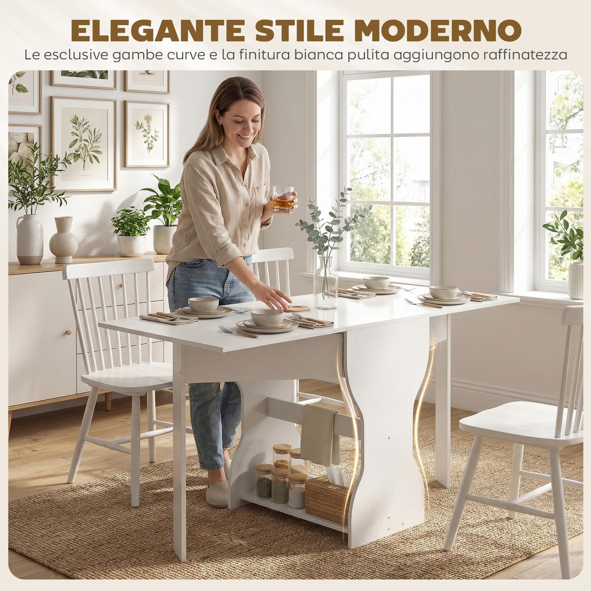 HOMCOM Tavolo da Pranzo Pieghevole 160 cm, Consolle con Ripiano Portaoggetti per Piccoli Spazi, Tavolo Moderno Salvaspazio per 4 Persone, Bianco