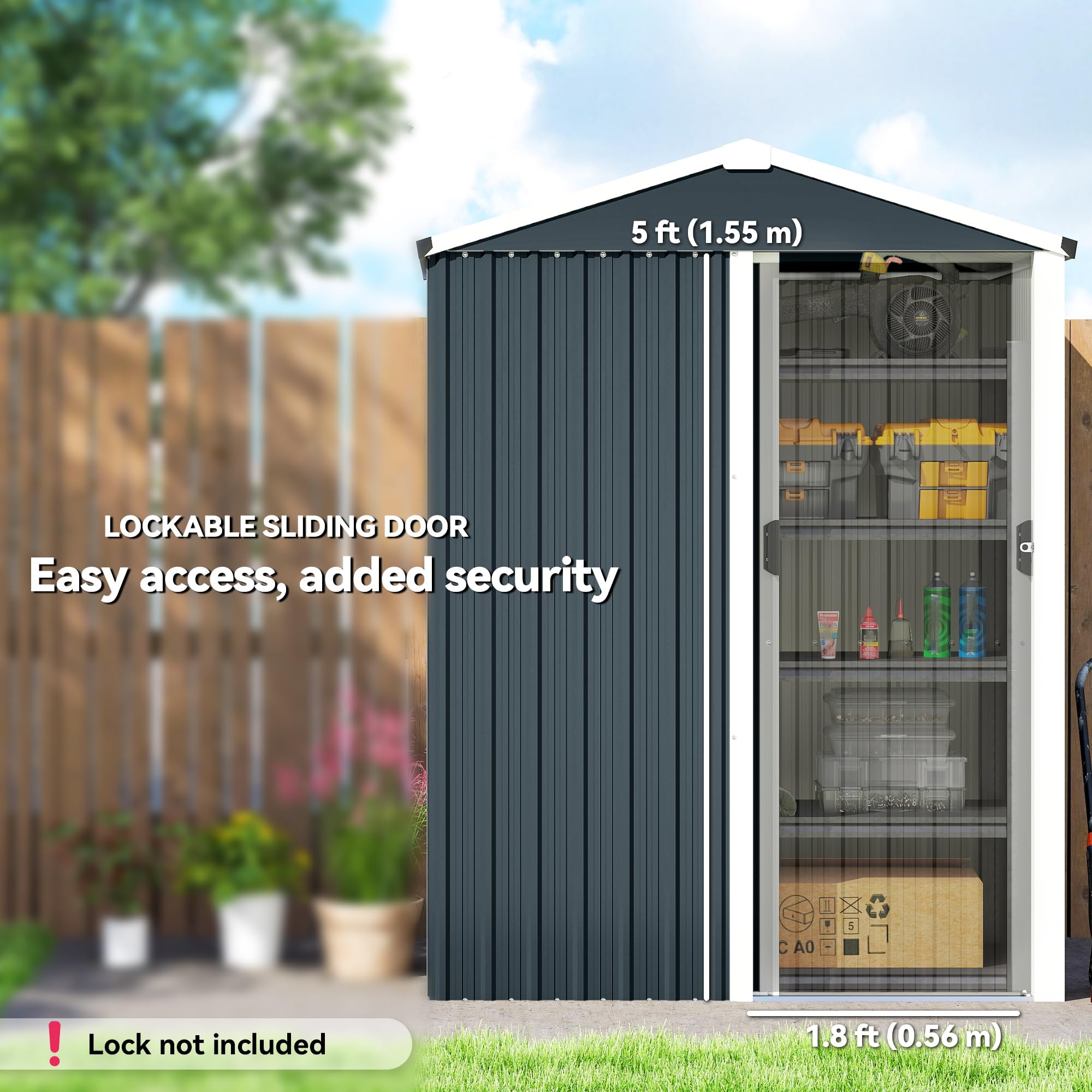 Outsunny 4.5 x 3ft Outdoor Storage Shed, Waterproof Metal Garden Shed with Gloves, Lockable Sliding Door and Pitched Roof for Backyard, Patio, Lawn, Poolside, Dark Grey - 4