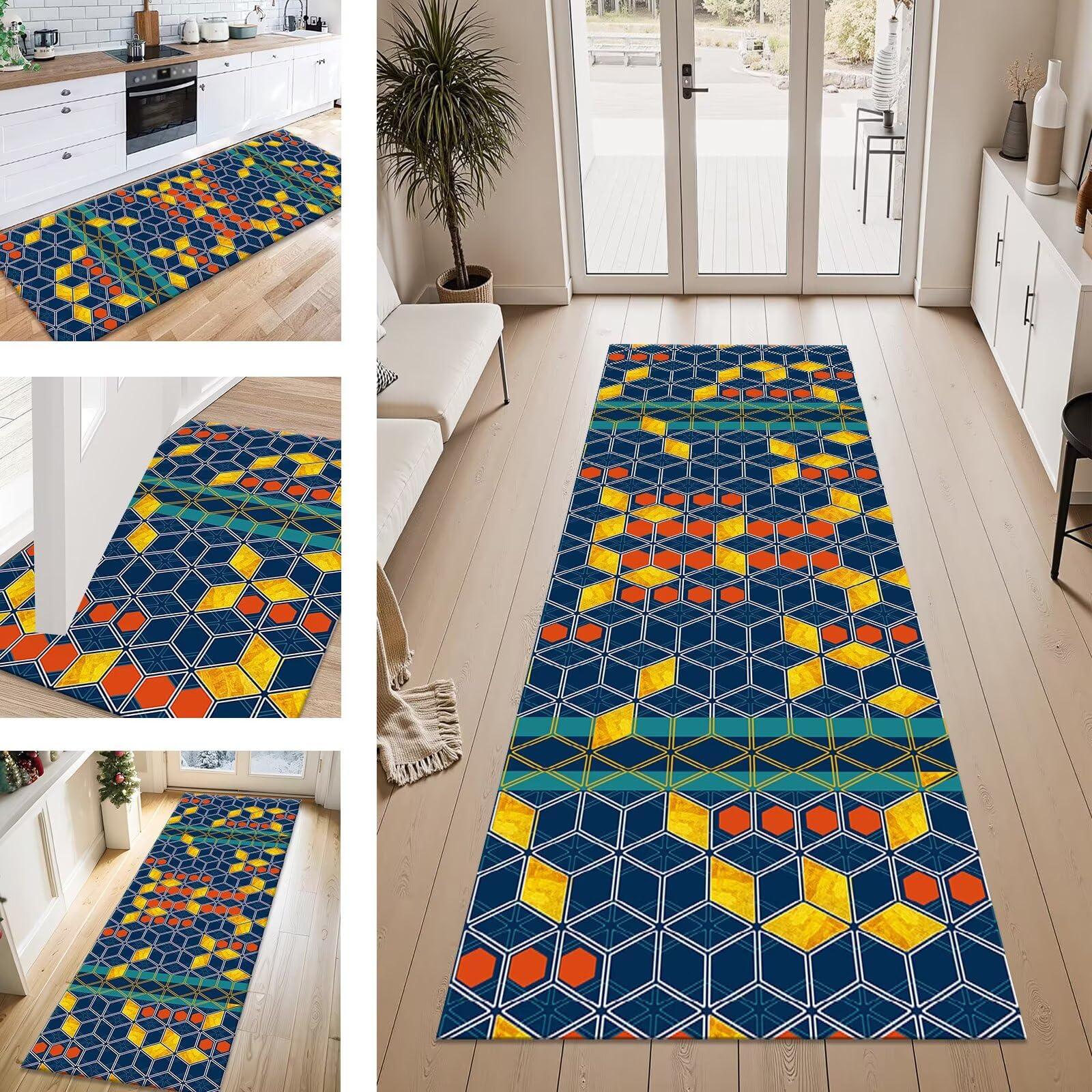 Tapis de passage géométrique 60x400cm lavable et antidérapant pour couloir et cuisine