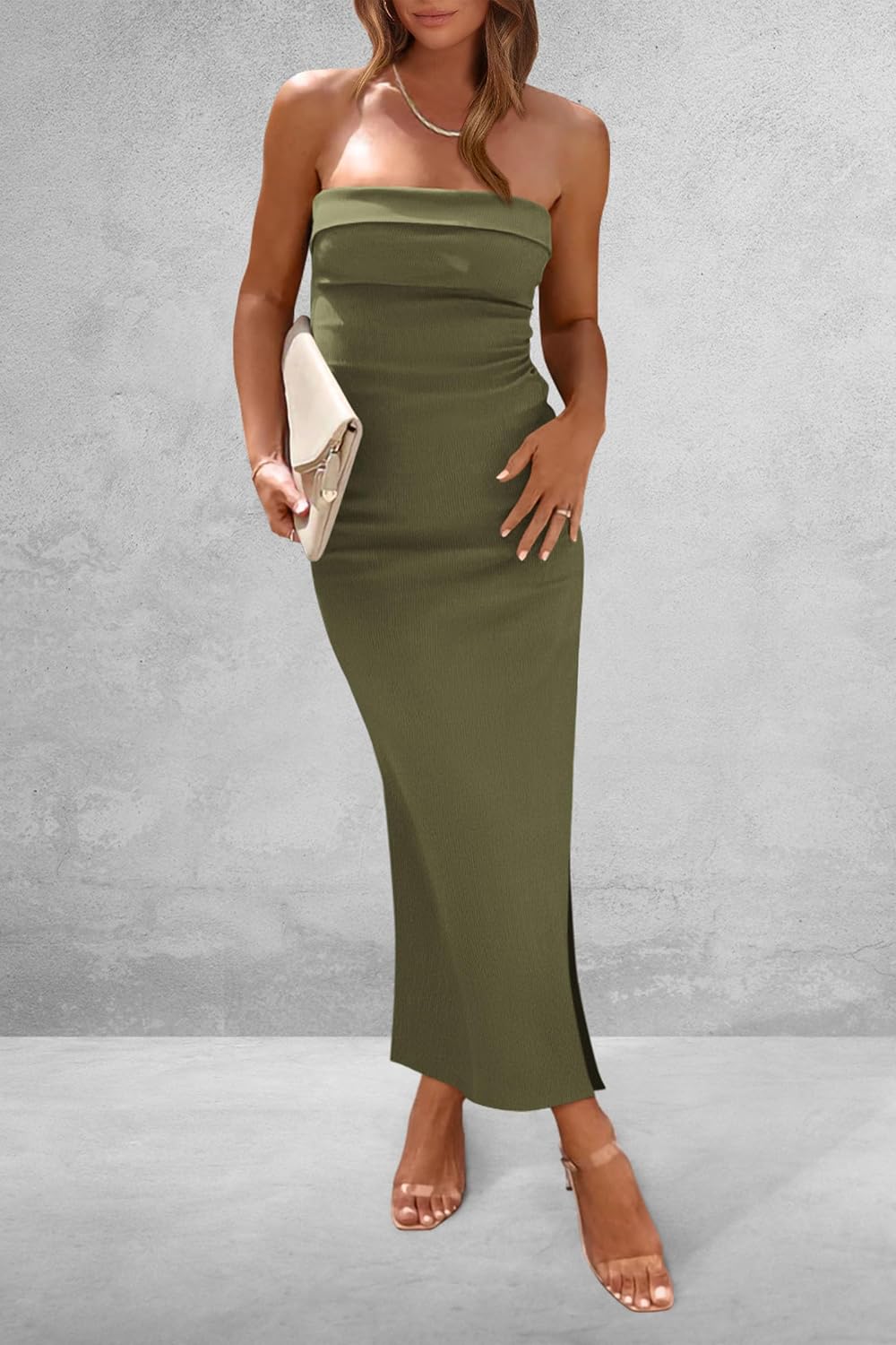 PRETTYGARDEN Women's Summer Bodycon Maxi Tube Dress Ribbed Strapless Side Slit Long Going Out Casual Elegant Party Dresses thumbnail