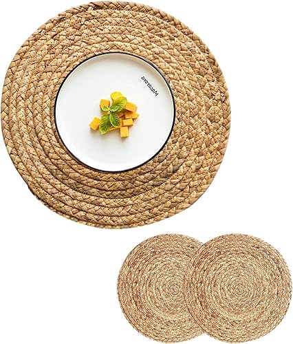 Miniatura 12 de Juego de 6 manteles individuales redondos tejidos con 6 posavasos, manteles individuales de jacinto de agua natural, manteles individuales de ratán