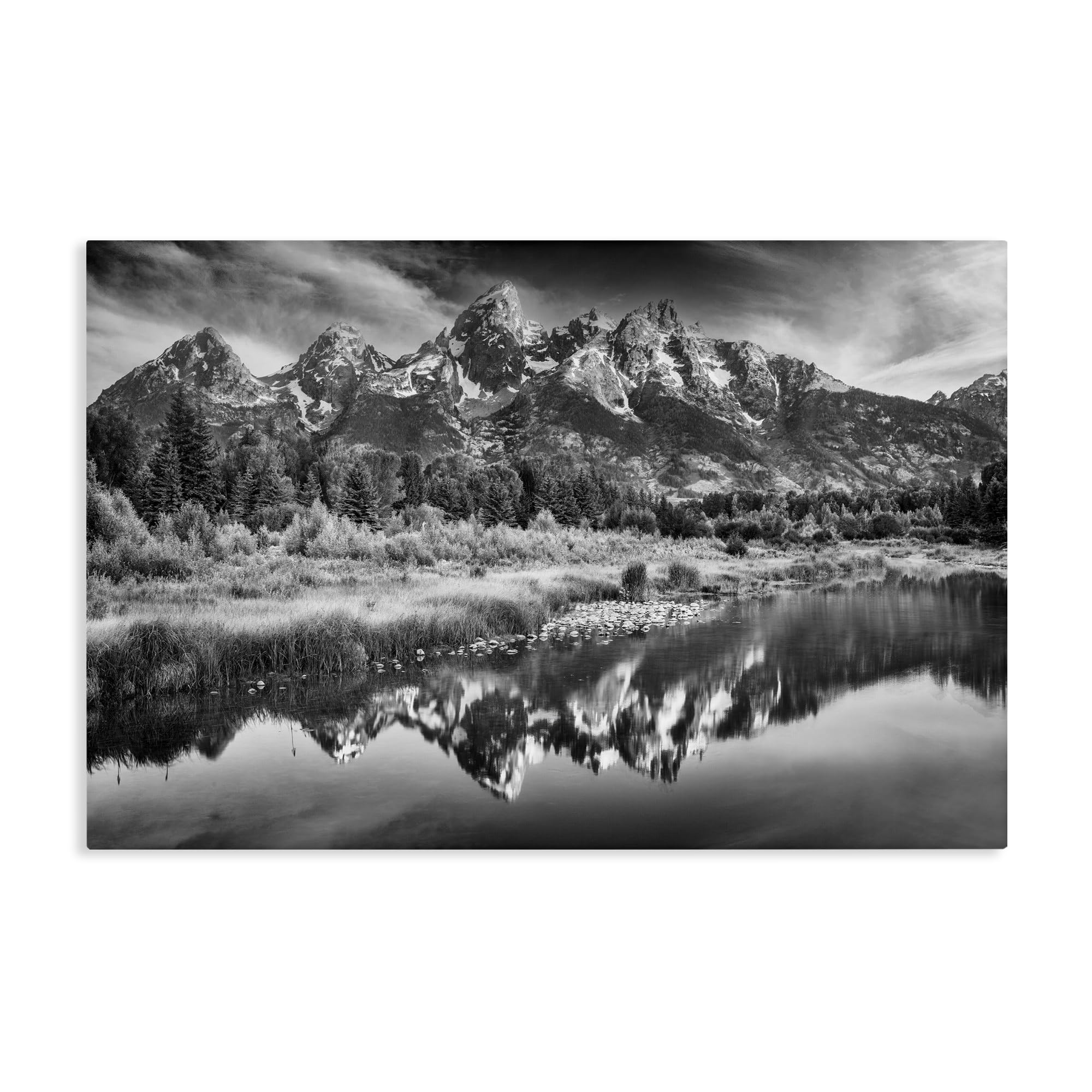 Stupell Industries Teton Mountain Reflections Landscape Wall Art, Serene Greyscale Cabin And Wilderness Decor, 24 x 36 Inch Gallery Wrapped Canvas Wall Art, by Rick Berk, Made in USA Gift