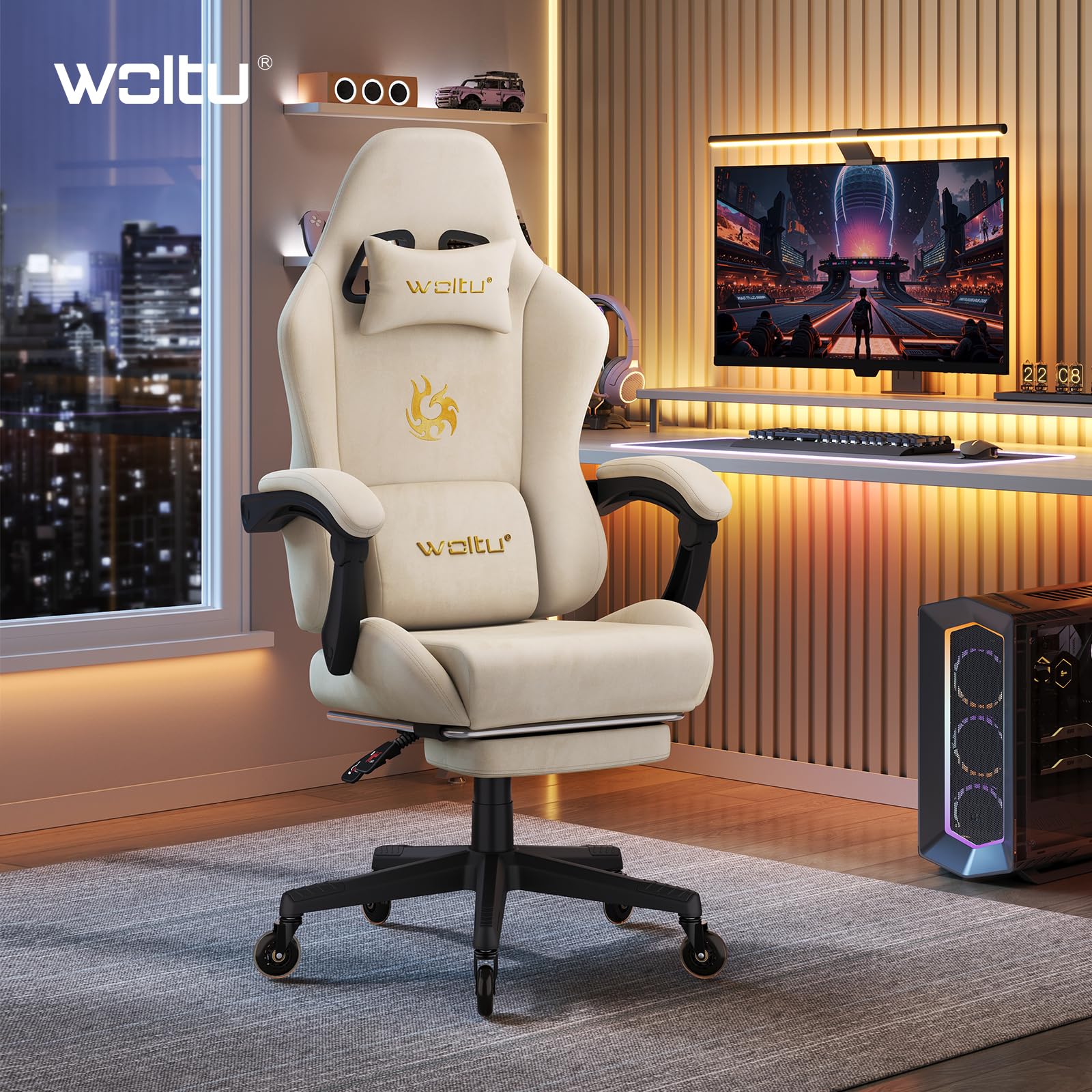WOLTU Gaming Stuhl ergonomisch, mit Verstellbarer Rückenlehne, Bürostuhl drehbar mit Armlehenen, Fußstütze, Lendenstütze, Kopfstütze,Beige