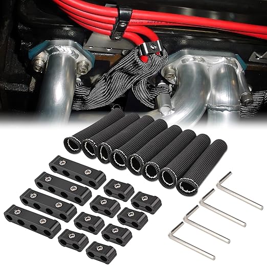 12pc Engine Spark Plug Wire Separator Divider & 8pc Spark Plug Wire Boots Protector Heat Sheild Sleeve 8mm 9mm 10mm Spark Plug Wire Clamp Holder Aluminum Alloy Ignition Wire Divider