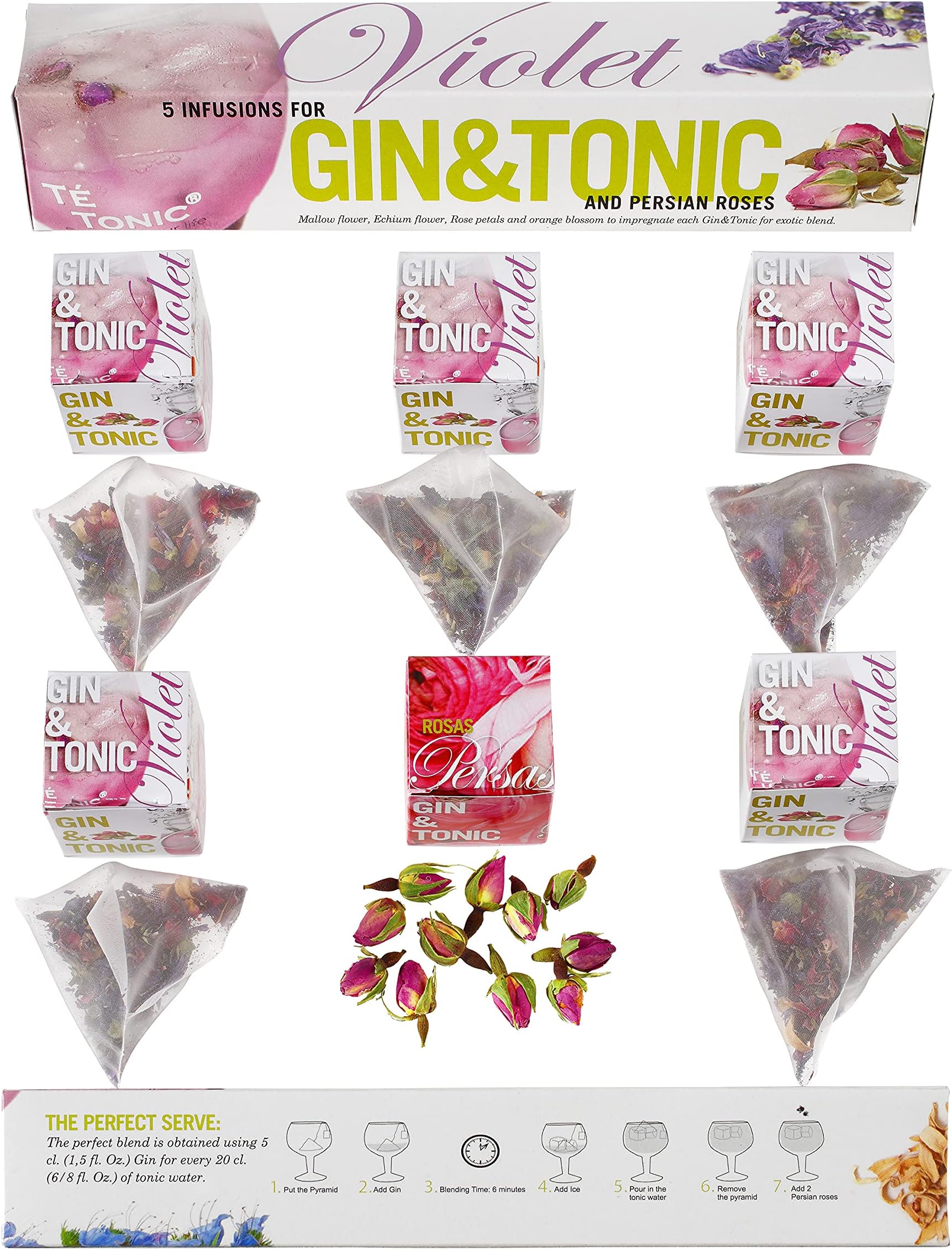 Te Tonic - Violet Gin Tonic Infusion - Five Exotic Flower Botanicals with 10 Roses to Garnish - Gin Tea Bags Kit - Gin Gift Set for Men and Women