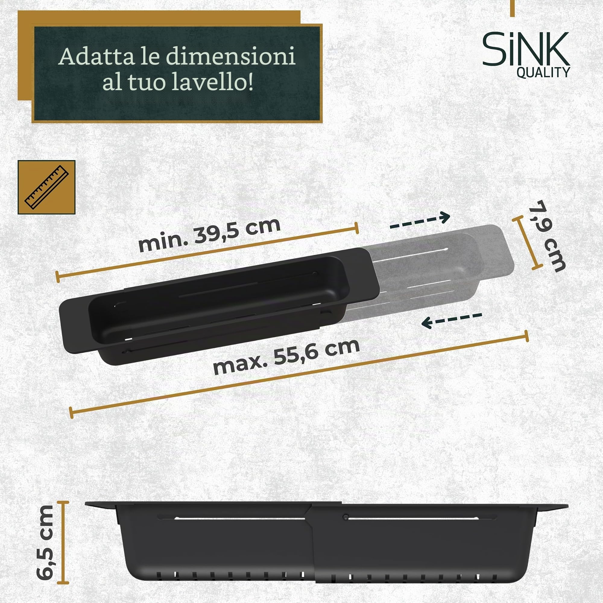 Colino per lavello frutta e verdura – Colino regolabile e vassoio scolapasta 39 – 55 cm – Lavabile in lavastoviglie e senza BPA – Stabile colino da cucina nero – Sink Strainer – Sink Quality