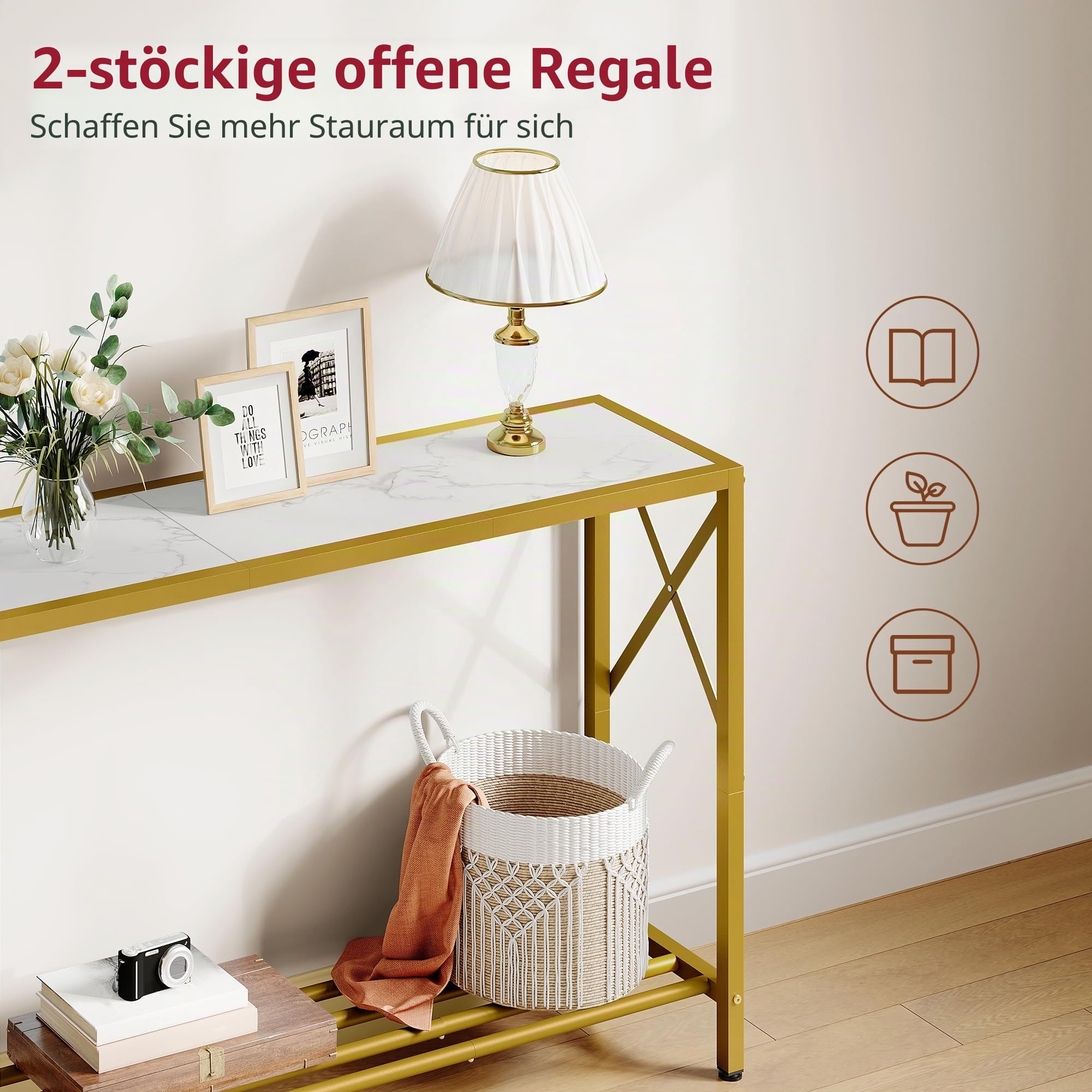 Tajsoon Eingangstisch, 106 cm, 2-stufiger Eingangs Konsolentisch, Schmaler Sofatisch mit Ablagen, Ideal für Flur, Eingangsbereich, Wohnzimmer, Foyer, Korridor und Büro, Gold und Weiß
